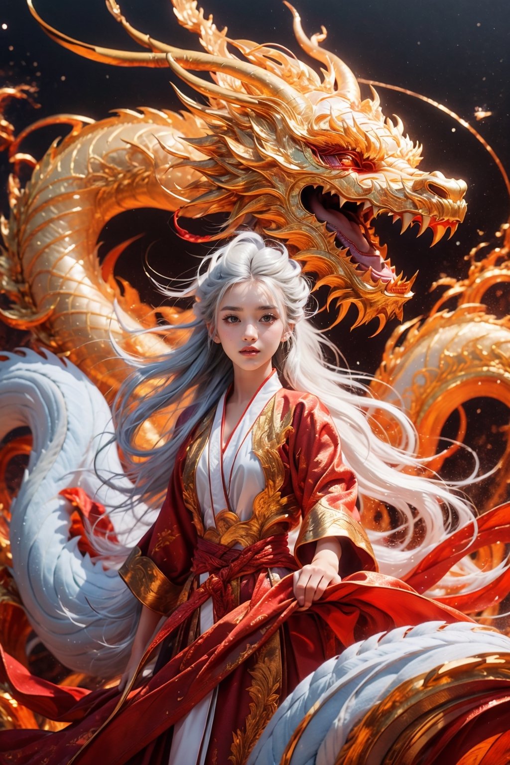 masterpiece, top quality, best quality, official art, beautiful and aesthetic:1.3), (1girl:1.4), white color hair, red hanfu fashion, chinese dragon flying in the sky, golden line, (black and red theme:1.5), volumetric lighting, ultra-high quality, photorealistic, sky background, dynamic pose, detailed_background, 8k illustration, DonMChr0m4t3rr4 