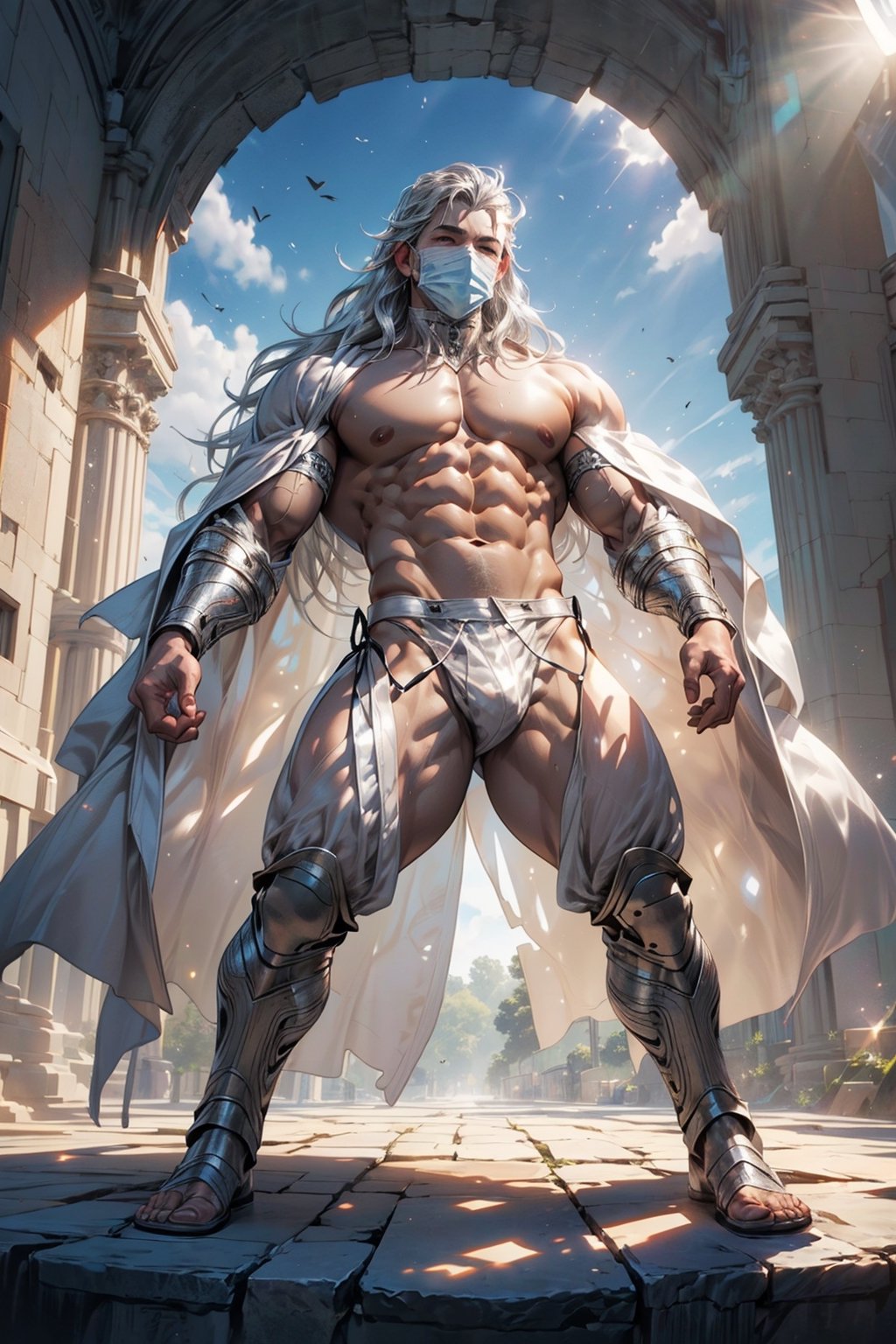 1 boy, (((((stand))))),(male focus:1.1),(male muscles:1.2), ((((((looking at viewer)))))),(((((flirty look))))), (blushing), (((((erect bulge)))), ((((((big bulge)))))), Masterpiece, best quality, illustration of a naked man with ((((silver robe)))), (((silver mask))), hide the face, Epic background, hyperrealistic, lighting glow, glowing haze,depth of field, Sharp focus,8k, Dynamic angle,Epic pose, cinematic composition,3DMM, (((sunlight))), ((((big pecs)))),High detailed, (((long hair))), (((exposed torso))), ((((transparent thong)))), (((muscle))), (((full body))), deification