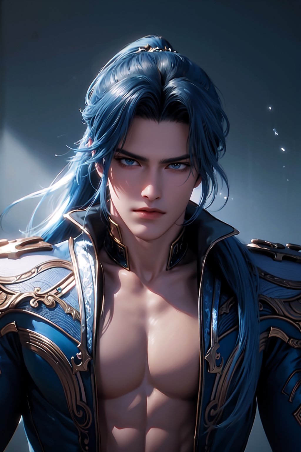 ultra realistic, masterpiece, best quality, raw photo, ultra high res, 8k, hd art, Masterpiece, best quality, hyperrealistic, lighting glow, Sharp focus,8k, Dynamic angle, Epic pose, 
1 boy, nude, muscle, big breasts, handsome, long hair, blue hair, ponytail, male focus, hair ornament,Tang San