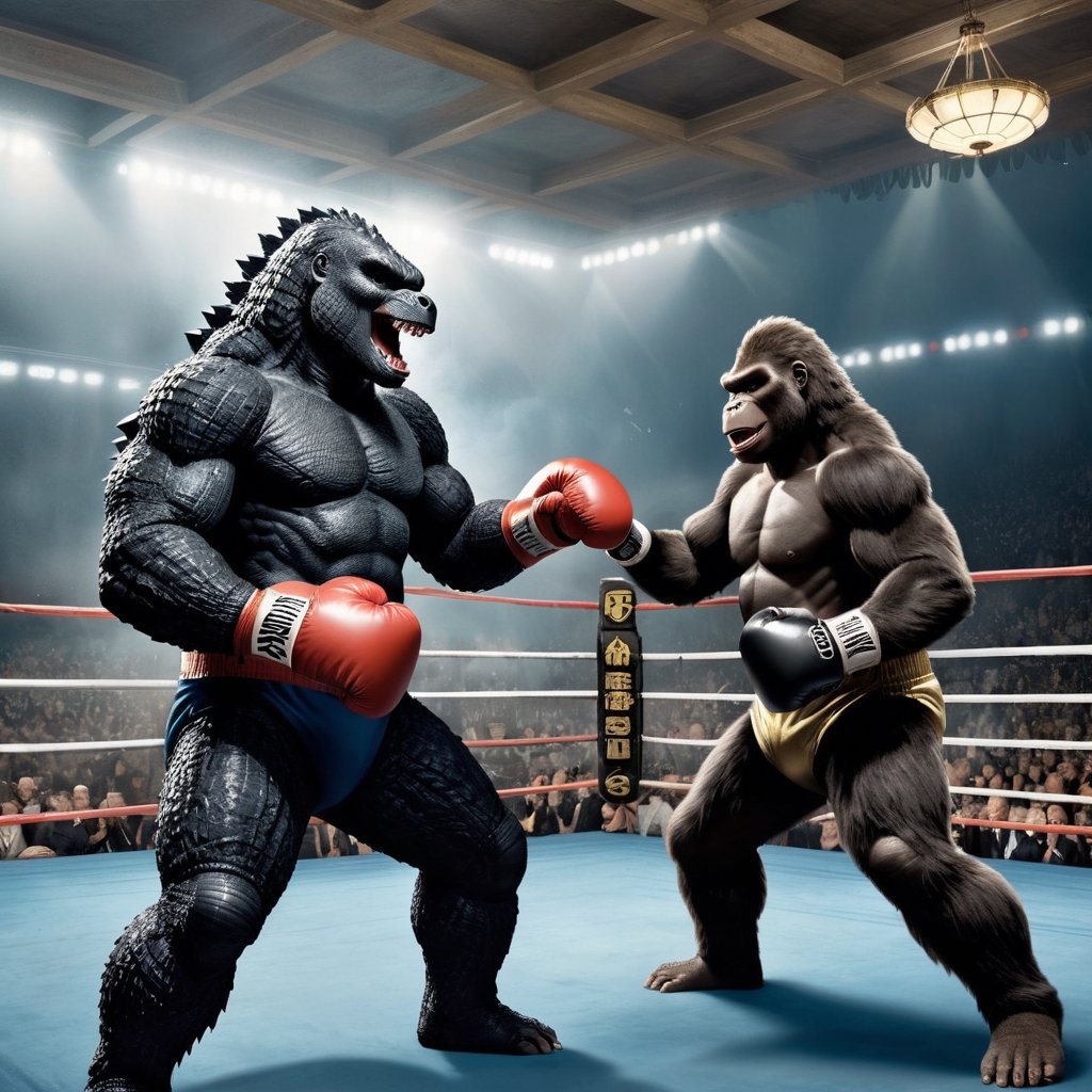 masterpiece of (Godzilla Vs King Kong), in a boxing ring, wearing a pair of boxing gloves