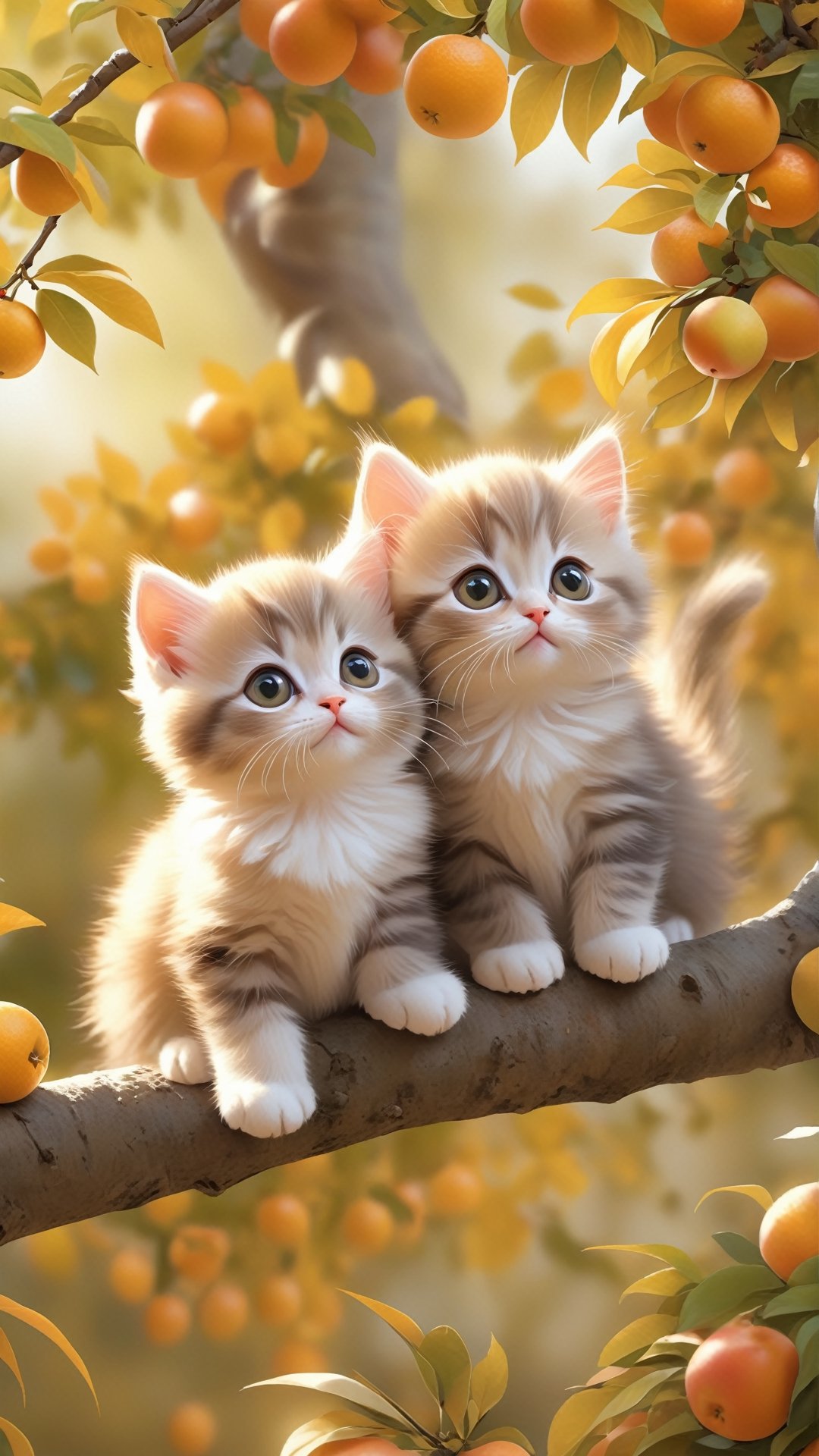 Side view shot, Turn around and look ahead, Two cute little fluffy fat kittens wearing pink coat sit down on the orange tree branch and Picking oranges from the treeand smiled happily, Autumn style, realistic high quality orange tree, oranges full the branch, maple leaves falling, big eyes so cute and beautiful, under the tree have a table, and apples and beautiful flowers, maple leaves falling, orange near flowers, Turn around and look viewers , pink flowers blooming fantastic amazing and romantic lighting bokeh, yellow flowers blooming realistic and green plants amazing tale and lighting as background, Xxmix_Catecat