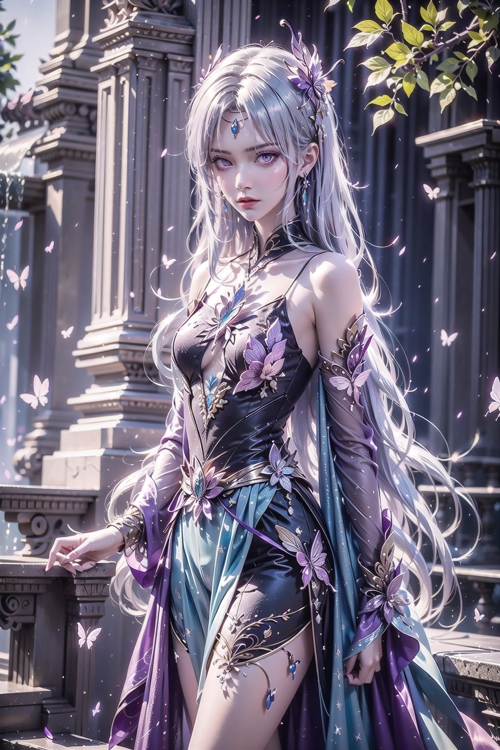 masterpiece,best quality,official art,extremely detailed CG unity 8k wallpaper,1girl, white hair, purple eyes, angry, frown, purple fire, cowboy shot, waterfall, butterfly, reflection, tree, light rays, caustics, light particles,  ,1 girl,ayaka_genshin,midjourney,wonder beauty ,dream_girl,ventidef,GdClth