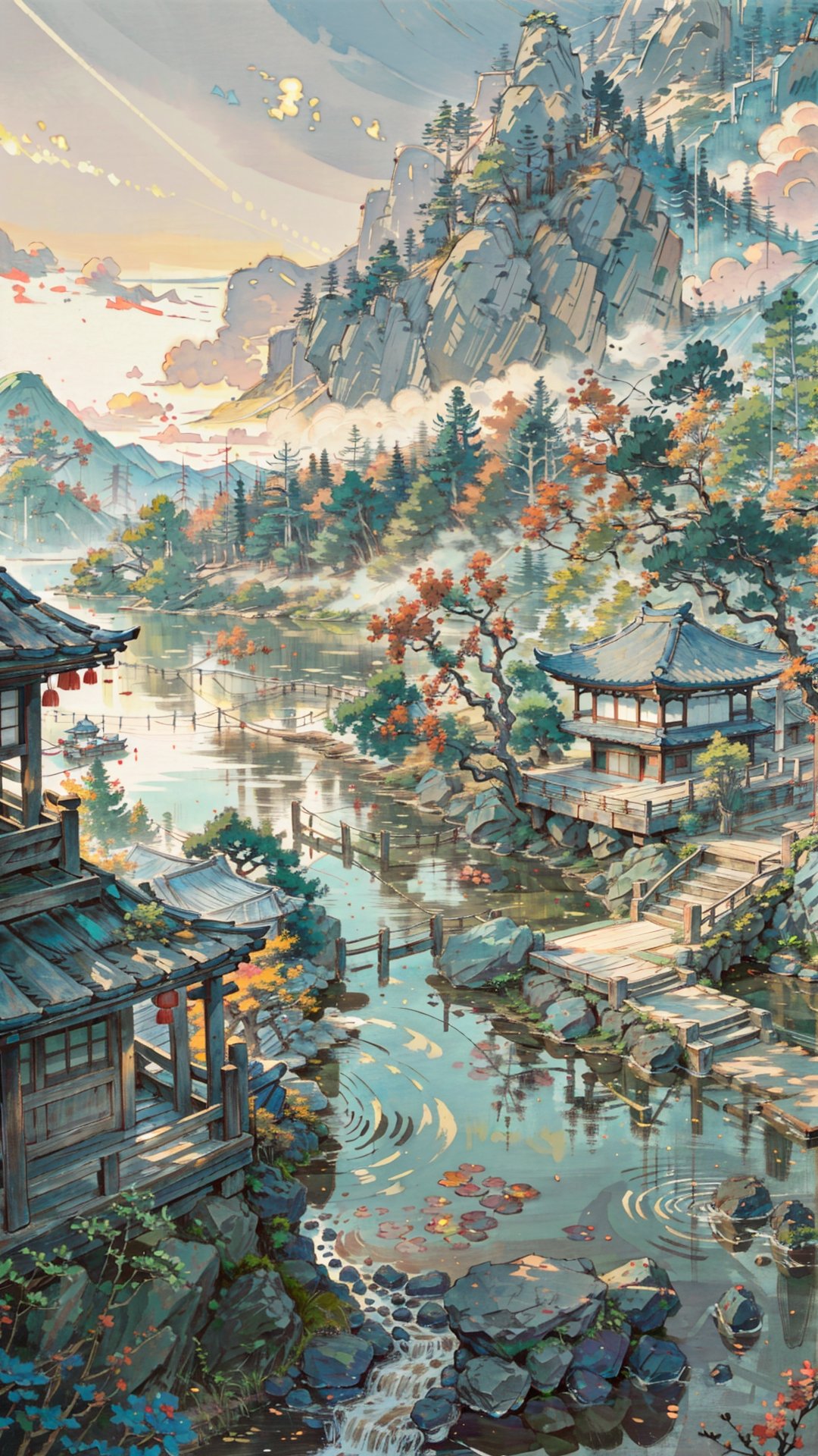 Masterpiece, best quality, ultra-detailed, (no humans: 1.5), distant mountains, ancient Chinese buildings, structurally intact wooden bridges, rivers, boulders, soft natural sunlight, mixed Chinese landscape style elements,japanese_garden_background,LODBG