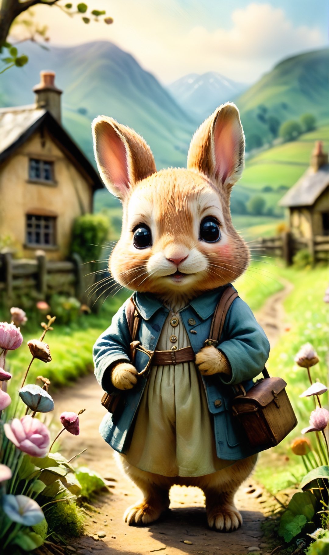 cinematic still Beatrix Potter style watercolor. Chibi style, they are in a rural school, a landscape of pastel colors, emotional, harmonious, vignette, highly detailed, high budget, bokeh, cinemascope, moody, epic, gorgeous, film grain, grainy, detailmaster2, Leonardo Style