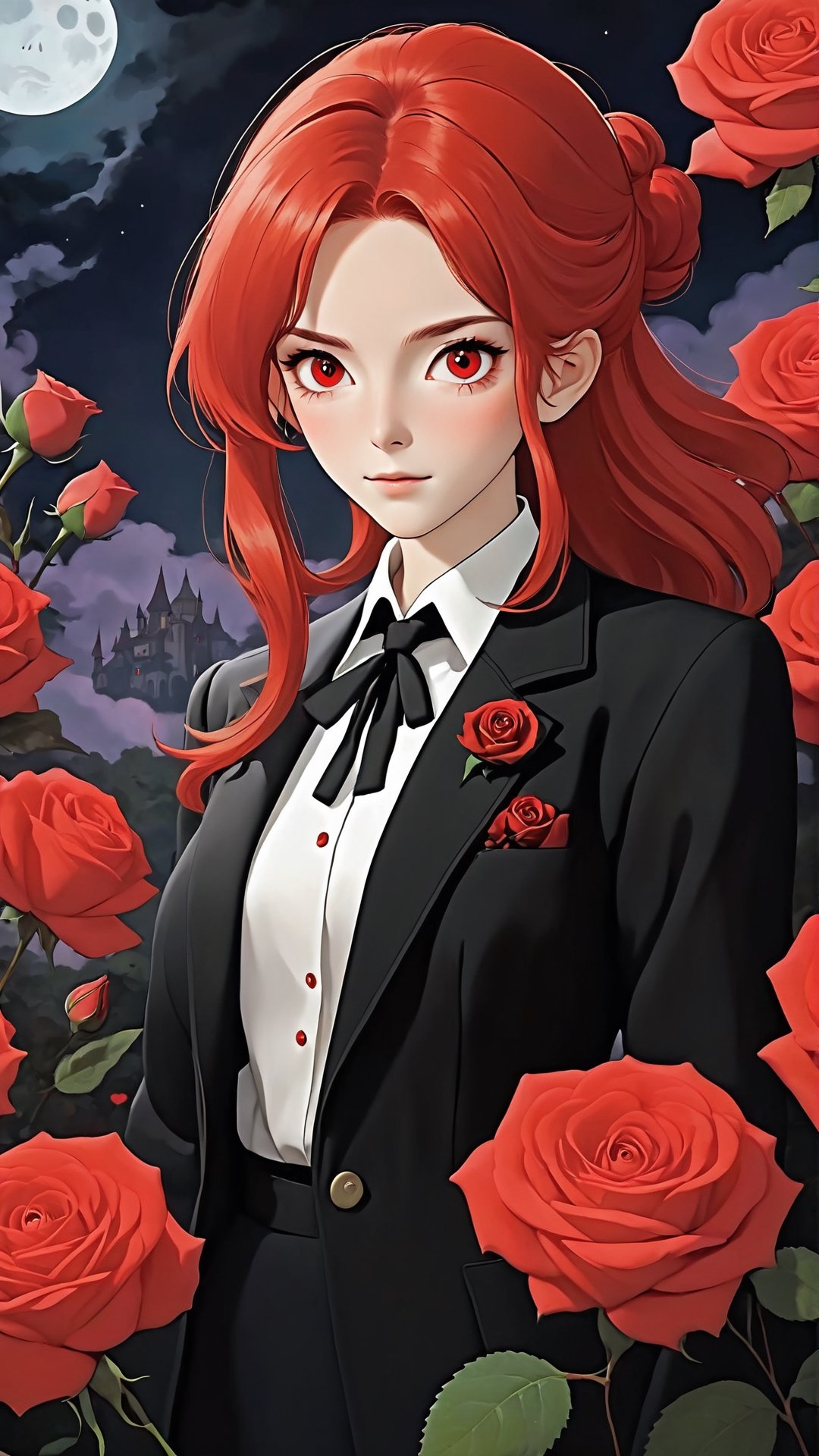 (Arielfstyle:1.0), Retro Ghibli scene, Light dream, terror, healing, Painting, lovecraftian, Ameinu, red hair, black jackets, symbols, blossom, high resolution, blazer, red Eyes, black flower, red roses,, rozen, shirt, bun hair, White shirts, Halloween theme, style of Ghibli studio,masterpiece, best quality,HellAI,Enhanced All,Pure Beauty