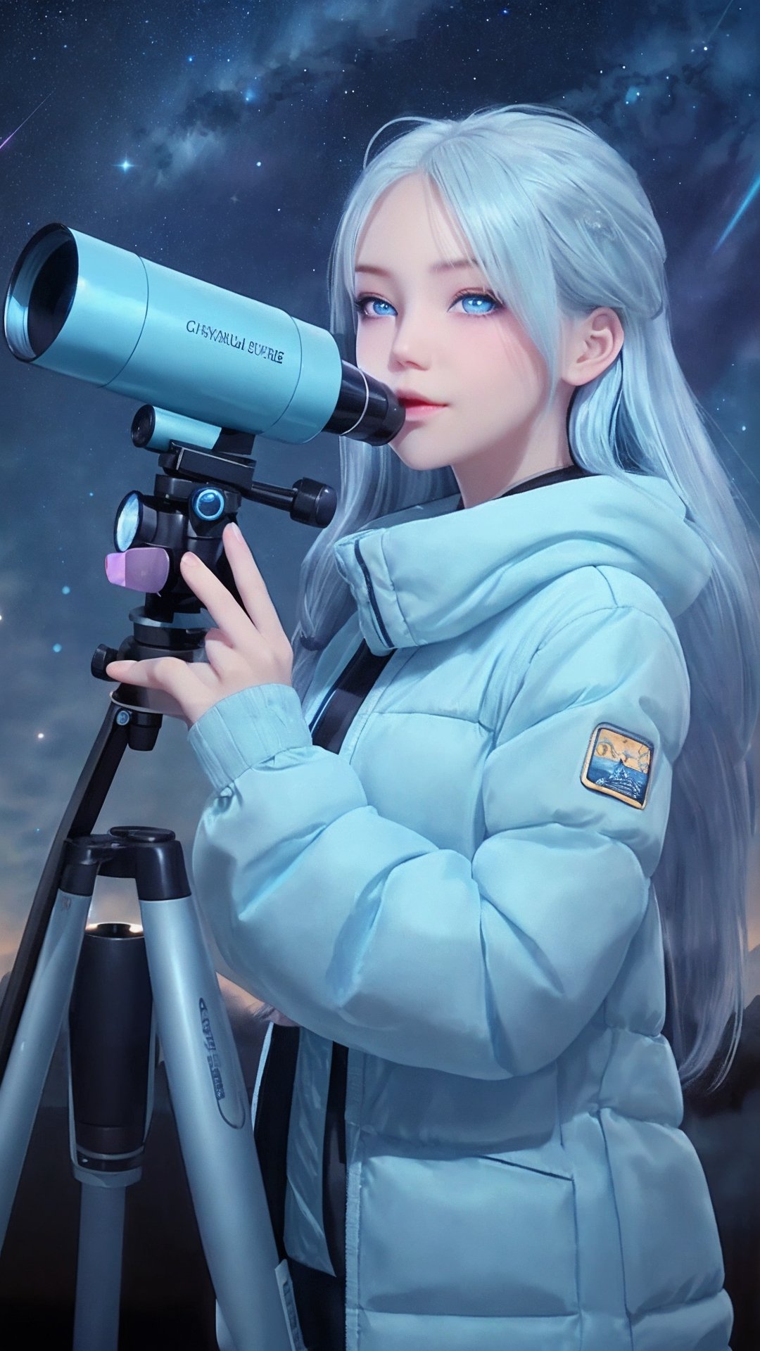 An image of a young and cute girl Young woman with light blue highlight hair and crystal blue eyes gazing through a telescope up at the starry night sky during winter, with shooting stars streaking across the heavens.