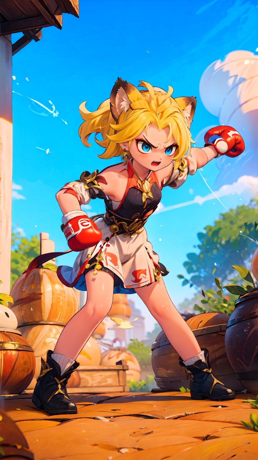 (masterpiece), (science fiction:1.4), light particles, 1girl, medium hair, sidelock, yellow hair, brown fox ears, blue eyes, action pose, fighting stance, bare hands, boxing, joyml, angry