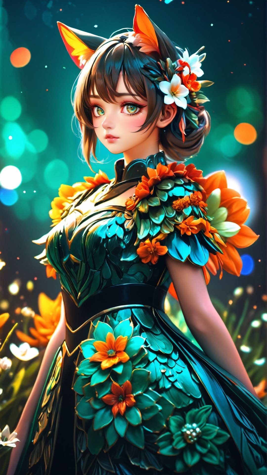 ultra hires, ultra detailed, masterpiece, best quality, woman, flower dress, colorful, darl background, flower armor, green theme, exposure blend, medium shot, bokeh, (hdr:1.4), high contrast, (cinematic, teal and orange:0.85), (muted colors, dim colors, soothing tones:1.3), low saturation,Animal ear