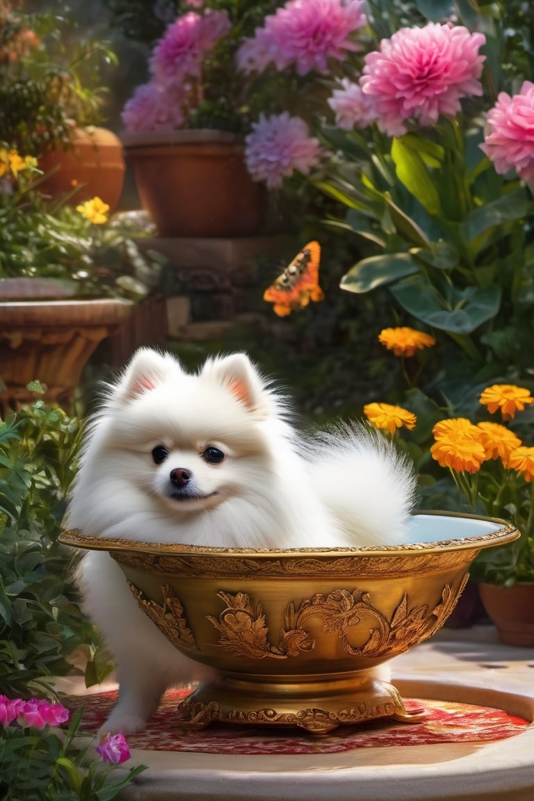 A White pomeranian in a soup bowl, in the garden with flowers and pool,


colorful,  ultra highly detailed,  32 k,  Fantastic Realism complex background,  dynamic lighting,  lights,  digital painting,  intricated pose,  highly detailed intricated,  stunning,  textures,  iridescent and luminescent scales,  breathtaking beauty,  pure perfection,  divine presence,  unforgettable,  impressive,  volumetric light,  auras,  rays,  vivid colors reflects,  sf,  greg rutkowski,