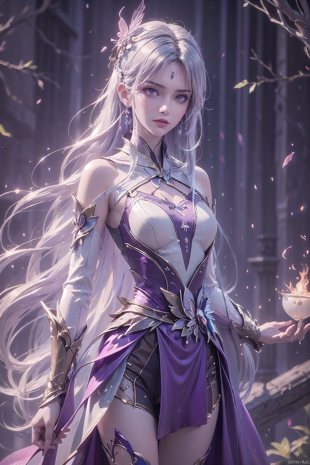 masterpiece,best quality,official art,extremely detailed CG unity 8k wallpaper,1girl, white hair, purple eyes, angry, frown, purple fire, cowboy shot, waterfall, butterfly, reflection, tree, light rays, caustics, light particles,  ,1 girl,ayaka_genshin,midjourney,wonder beauty ,dream_girl,ventidef,GdClth