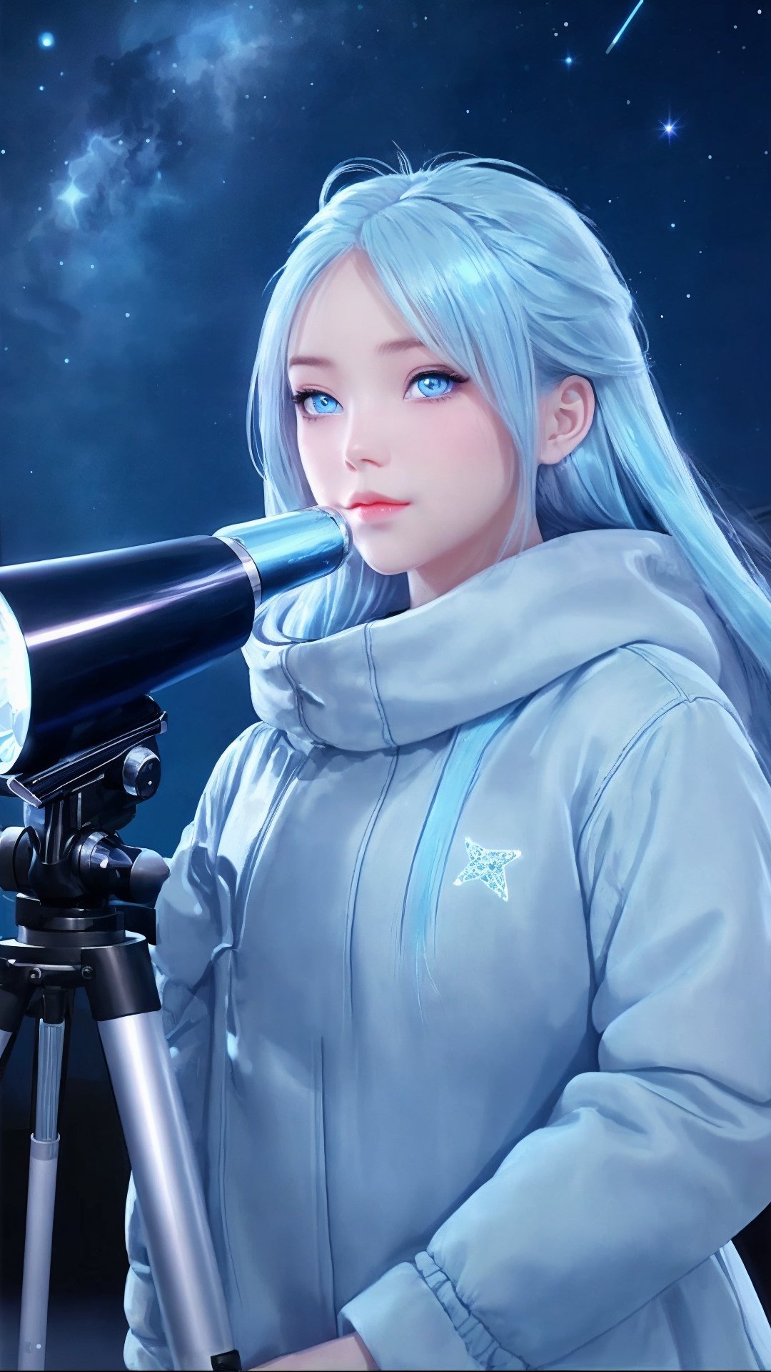 An image of a young and cute girl Young woman with light blue highlight hair and crystal blue eyes gazing through a telescope up at the starry night sky during winter, with shooting stars streaking across the heavens.