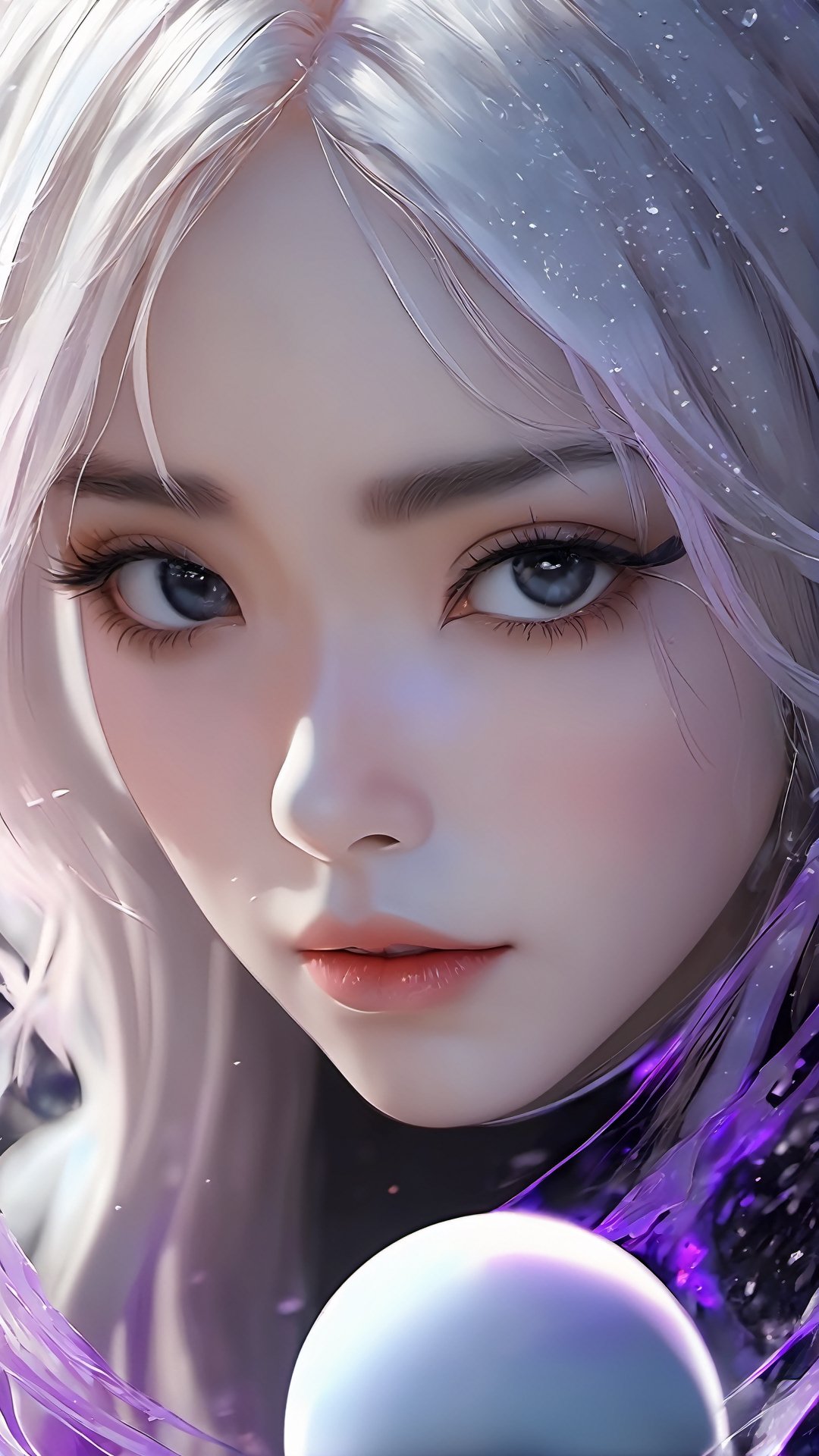 (masterpiece, best quality, ultra-detailed, best shadow), (detailed background,dark fantasy), (beautiful detailed face), high contrast, (best illumination, an extremely delicate and beautiful), ((cinematic light)), colorful, hyper detail, dramatic light, intricate details, (1girl, solo,white hair, sharp face,purple eyes, hair between eyes,dynamic angle), blood splatter, swirling black light around the character, depth of field,black light particles,(broken glass),magic circle,xxmix_girl,photo r3al,Eimi