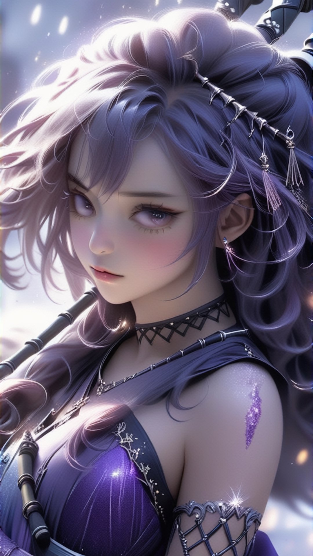 ((masterpiece:1.4)), ((best quality:1.4)), ((ultra_highres)), 8k, 1girl, purple_hair, glitters, super HD, dark, upper_body, purple dress, ultra_detailed, pixiv, trending on danbooru, ((anime style)), niji-5,photo r3al,xxmixgirl,6000,bagpipeqr,yua_mikami