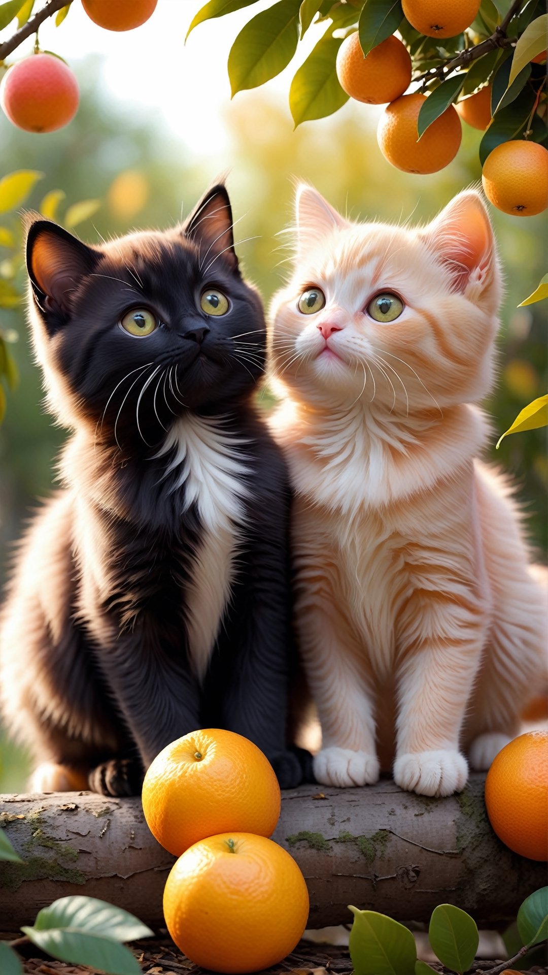 Side view shot, Turn around and look ahead, Two cute little fluffy fat kittens wearing pink coat sit down on the orange tree branch and Picking oranges from the treeand smiled happily, Autumn style, realistic high quality orange tree, oranges full the branch, maple leaves falling, big eyes so cute and beautiful, under the tree have a table, and apples and beautiful flowers, maple leaves falling, orange near flowers, Turn around and look viewers , pink flowers blooming fantastic amazing and romantic lighting bokeh, yellow flowers blooming realistic and green plants amazing tale and lighting as background, Xxmix_Catecat