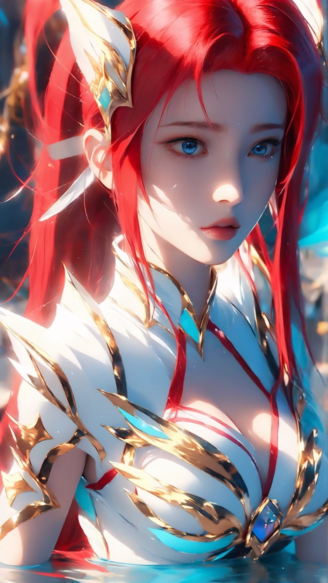 a close up of a woman in a white dress in a body of water, anime goddess, red haired goddess, rias gremory, erza scarlet as a real person, beautiful alluring anime woman, 8k high quality detailed art, miss fortune league of legends, ayaka game genshin impact, ayaka genshin impact, seductive anime girl,1 girl,bbyorf,mecha,high_school_girl