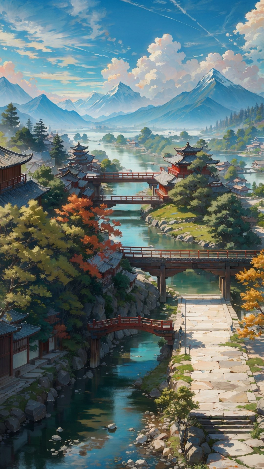 Masterpiece, best quality, ultra-detailed, (no humans: 1.5), distant mountains, ancient Chinese buildings, structurally intact wooden bridges, rivers, boulders, soft natural sunlight, mixed Chinese landscape style elements,