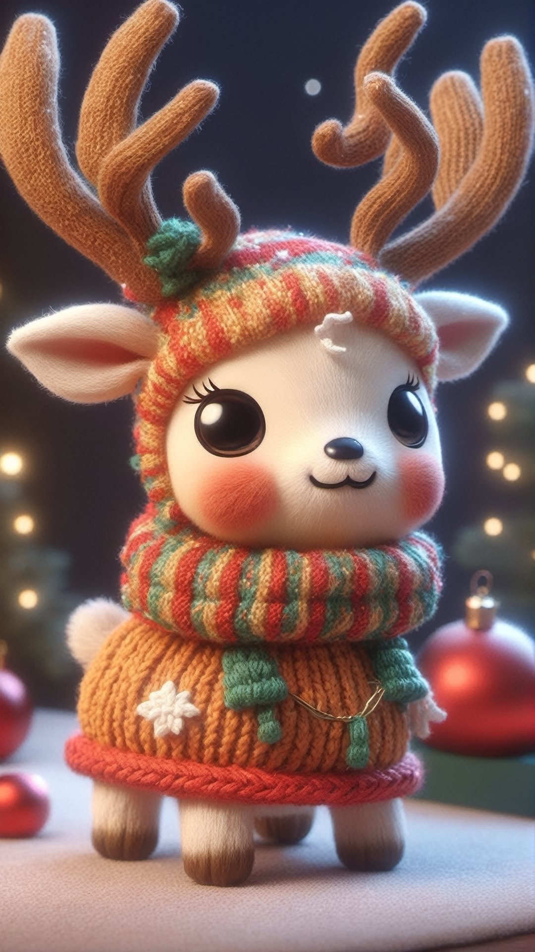 a detailed view photo of a chibi deer made of knitting,simple_night background,hyper detailed, trending on artstation, sharp focus, studio photo,8K,masterpiece,best quality,high resolution,aesthetic portrait,ral-chrcrts,christmas,sweetscape