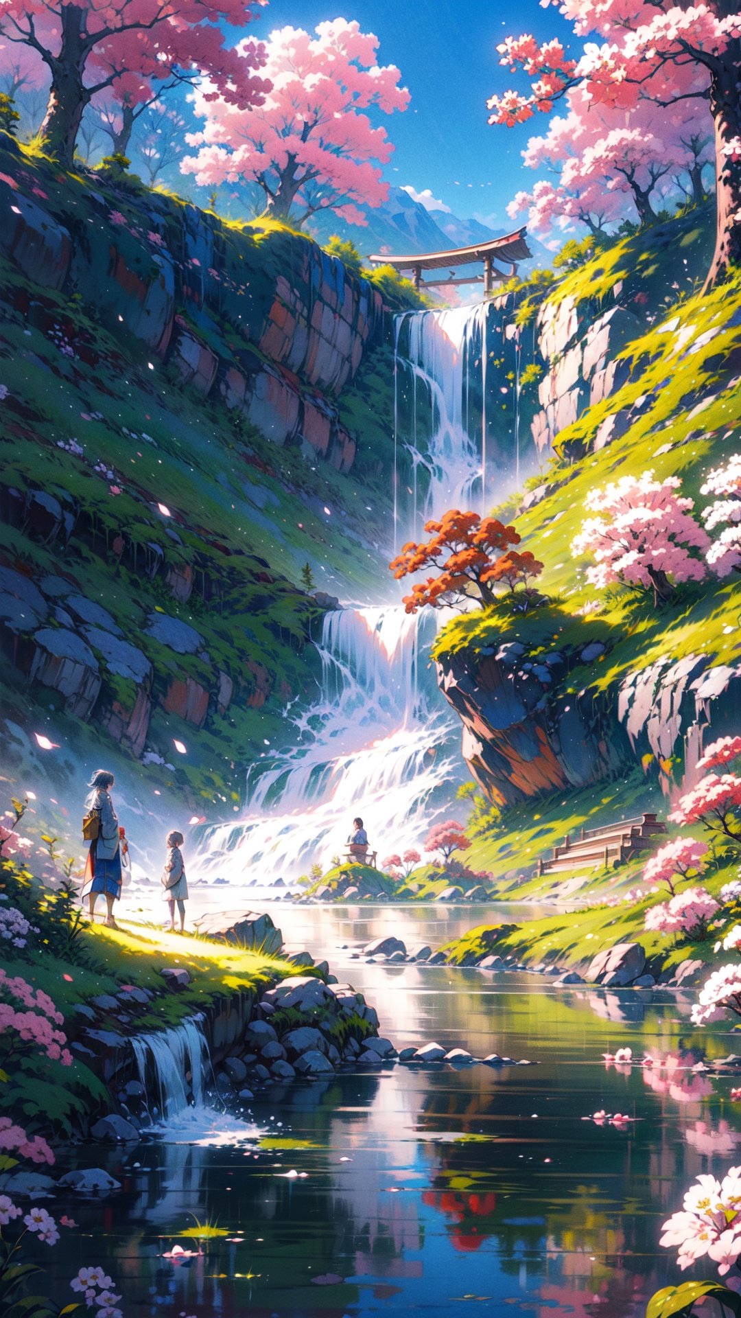 (best quality), (high resolution), (4k resolution), The image is a digital painting of a serene and beautiful landscape. It captures the tranquility of a waterfall cascading down a mountain in the background, with a stone bridge in the foreground. Traditional Japanese buildings, with their characteristic wooden roofs, nestle amidst pink cherry blossom trees, adding a touch of cultural charm. The painting is vertical, lending a sense of depth to the scene. The soft color palette and the peaceful mood of the image evoke a sense of calm and harmony. This artwork is a testament to the beauty of nature and traditional architecture, seamlessly blending them into a captivating visual narrative.,sle,EpicArt,ayaka_genshin