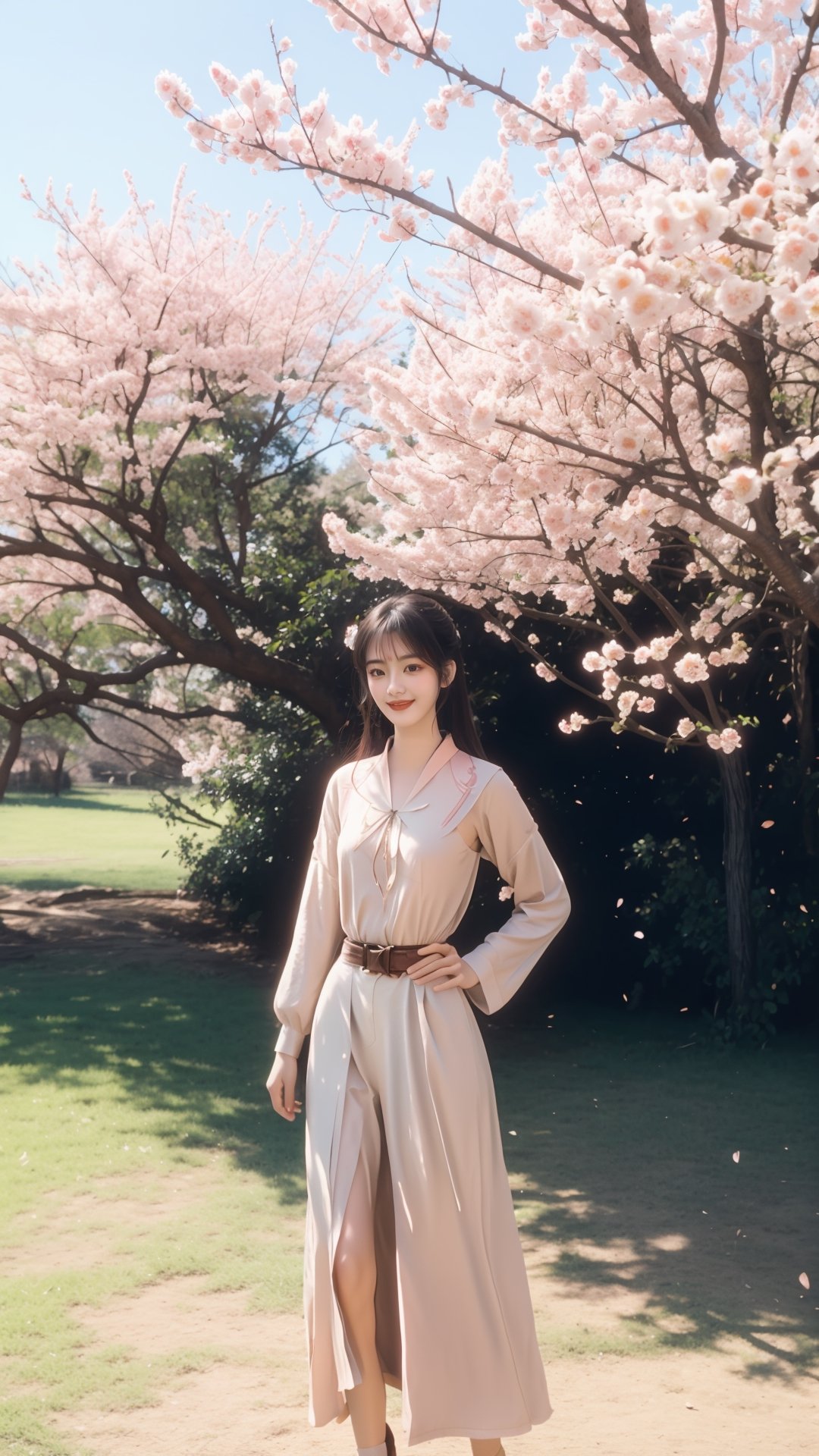 Analog film photo short beizi, smile, bangs, long hair, ((nude)), full body, she is standing under a peach tree, petals are flying, spring, beautiful sunlight, pretty light, beautiful face, long eyelashes, charming eyes, Highly detailed, faded film, desaturated, 35mm photo, grainy, vignetting, vintage, Kodachrome, Lomography, smudged, very detailed, found footage,1girl