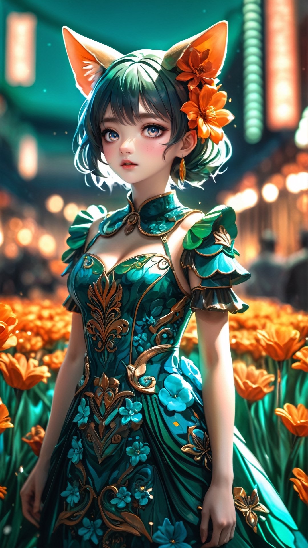 ultra hires, ultra detailed, masterpiece, best quality, woman, flower dress, colorful, darl background, flower armor, green theme, exposure blend, medium shot, bokeh, (hdr:1.4), high contrast, (cinematic, teal and orange:0.85), (muted colors, dim colors, soothing tones:1.3), low saturation,Animal ear