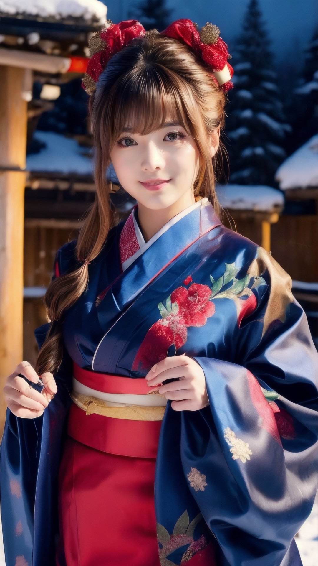 Warm lighting, beautiful Japanese girl, detailed face, shy smile, black eyes, straight black hair, luxurious red hairpin, details (brocade kimono of dark blue silk fabric), Kyoto, outdoor, winter, snow, upper body, realistic ,Japanese girl,Santa Claus,young girl,CyberMechaGirl