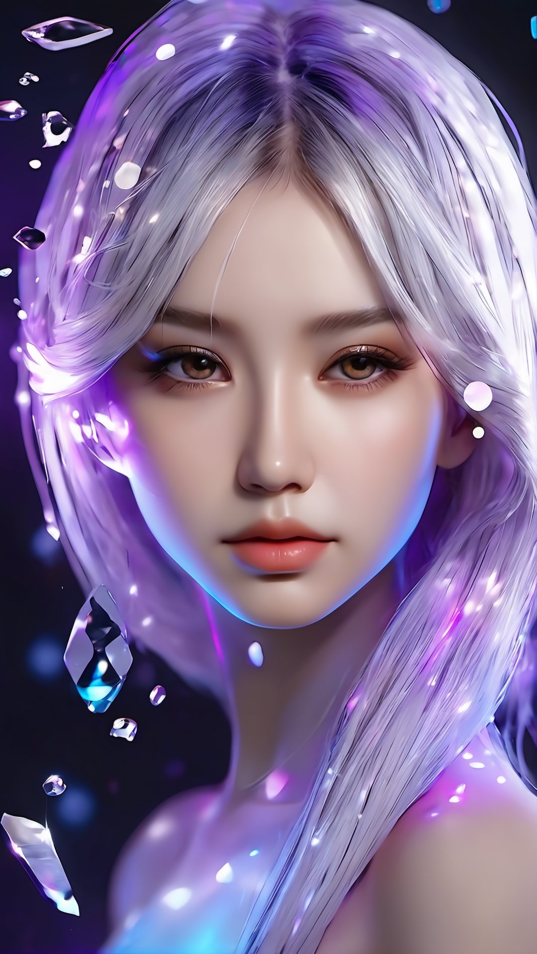 (masterpiece, best quality, ultra-detailed, best shadow), (detailed background,dark fantasy), (beautiful detailed face), high contrast, (best illumination, an extremely delicate and beautiful), ((cinematic light)), colorful, hyper detail, dramatic light, intricate details, (1girl, solo,white hair, sharp face,purple eyes, hair between eyes,dynamic angle), blood splatter, swirling black light around the character, depth of field,black light particles,(broken glass),magic circle,xxmix_girl,photo r3al