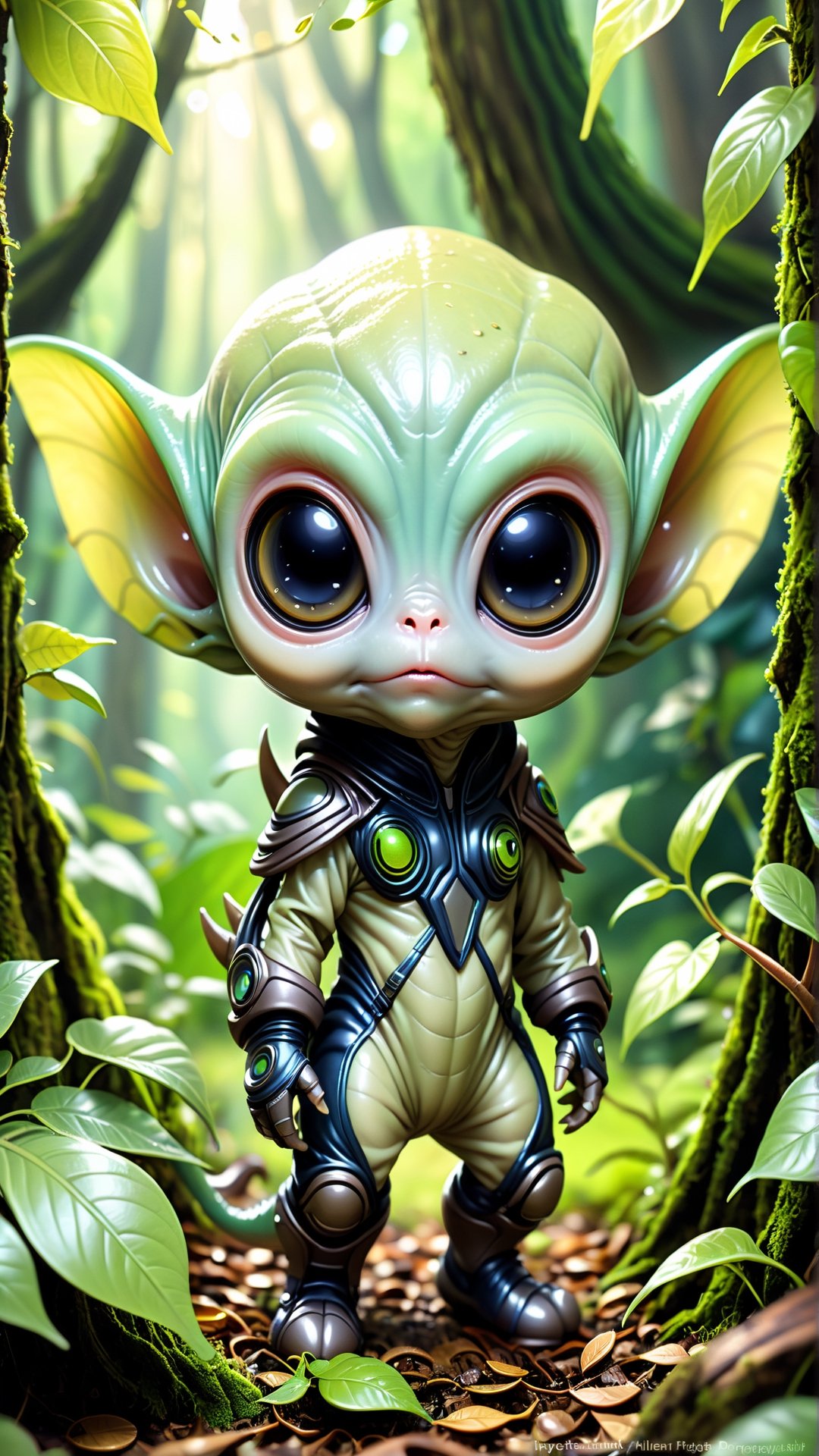 perfect-composition, Perfect pictorial composition, Creative poster, Cute, (highly detailed:1.2), (best quality:1.2), 8k, sharp focus, (subsurface scattering:1.1), (award-winning macro photography:1.1)
(cute adorable little alien lifeform:1.2), hiding in the leaves in a lush forest
(very detailed clothes:1.2), (highly detailed background:1.3), (chibi:1.2), (hyperrealistic:1.2), cinematic lighting, highly detailed, smooth, sharp focus, by artgerm wlop greg rutkowski, detailmaster2, greg rutkowski, chibi, chibi style, Monster,