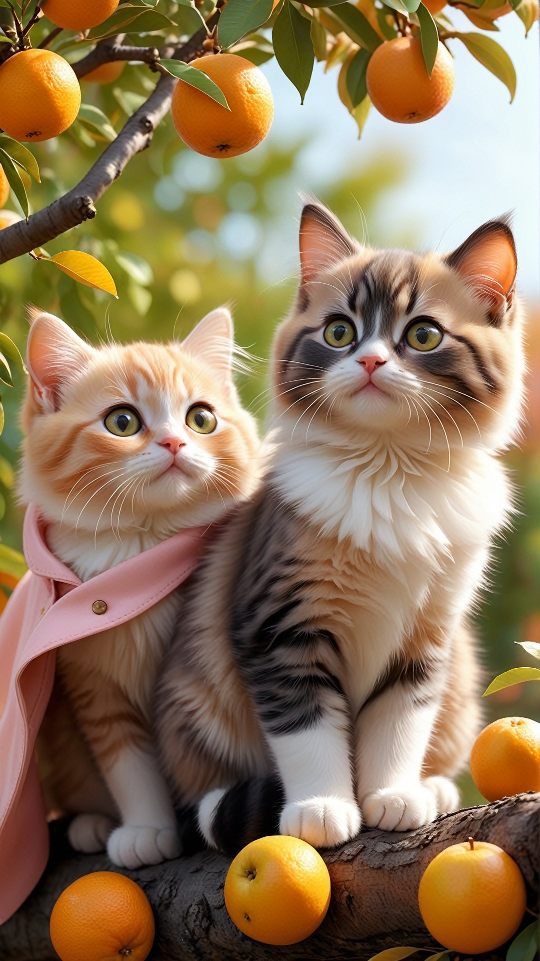 Side view shot, Turn around and look ahead, Two cute little fluffy fat kittens wearing pink coat sit down on the orange tree branch and Picking oranges from the treeand smiled happily, Autumn style, realistic high quality orange tree, oranges full the branch, maple leaves falling, big eyes so cute and beautiful, under the tree have a table, and apples and beautiful flowers, maple leaves falling, orange near flowers, Turn around and look viewers , pink flowers blooming fantastic amazing and romantic lighting bokeh, yellow flowers blooming realistic and green plants amazing tale and lighting as background, Xxmix_Catecat