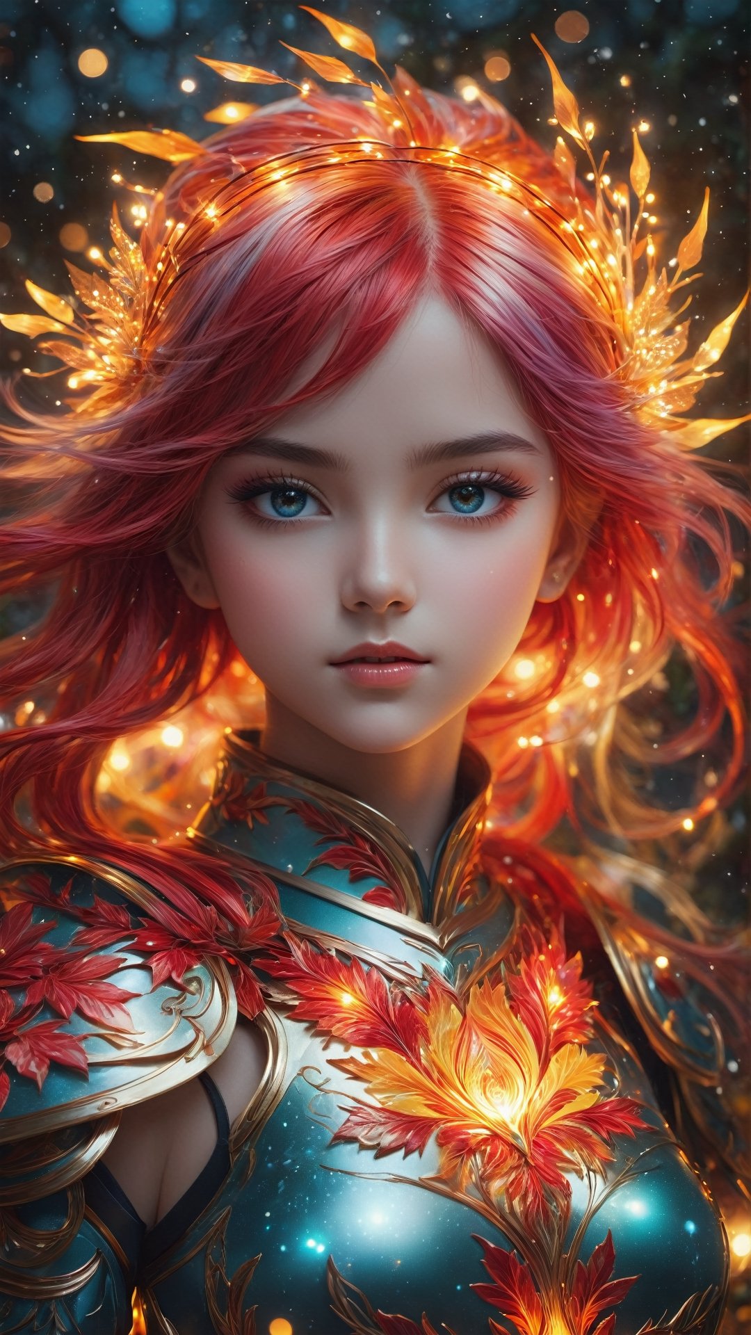 Christmas Style (Masterpiece, Top Quality, Best Quality, Official Art, full body, Beauty and Aesthetics: 1.2), (1girl), Extremely Detailed, (Abstract, Fractal Art: 1.3), Colored Hair, Supreme Detail, Detailed_Eyes, Fire , water, ice, lightning, light particles, Christmas style clothing, Christmas tree, Christmas light bulb string, Christmas red flowers, Christmas gifts, beautiful lines, determined eyes, flowers, delicate face, delicate eyes, brilliant blooming flowers Background with romantic lights,armor