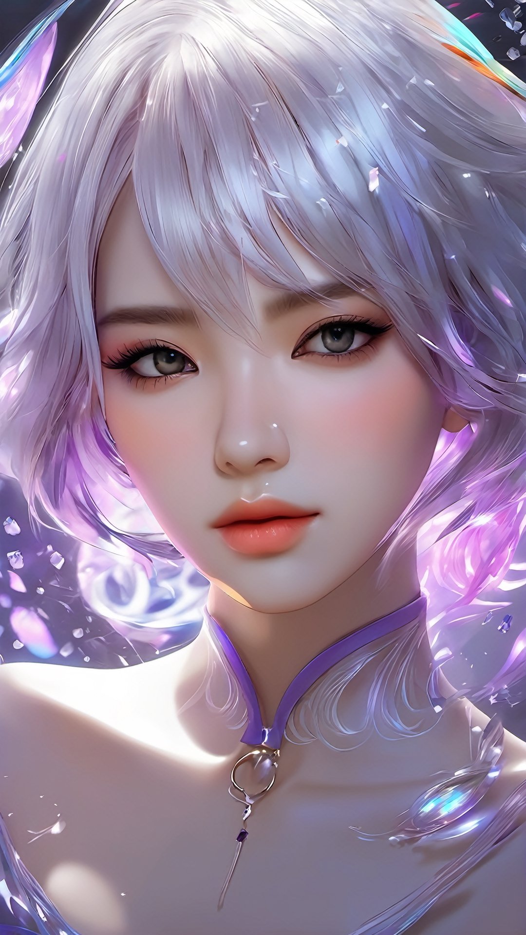 (masterpiece, best quality, ultra-detailed, best shadow), (detailed background,dark fantasy), (beautiful detailed face), high contrast, (best illumination, an extremely delicate and beautiful), ((cinematic light)), colorful, hyper detail, dramatic light, intricate details, (1girl, solo,white hair, sharp face,purple eyes, hair between eyes,dynamic angle), blood splatter, swirling black light around the character, depth of field,black light particles,(broken glass),magic circle,xxmix_girl,photo r3al,Eimi