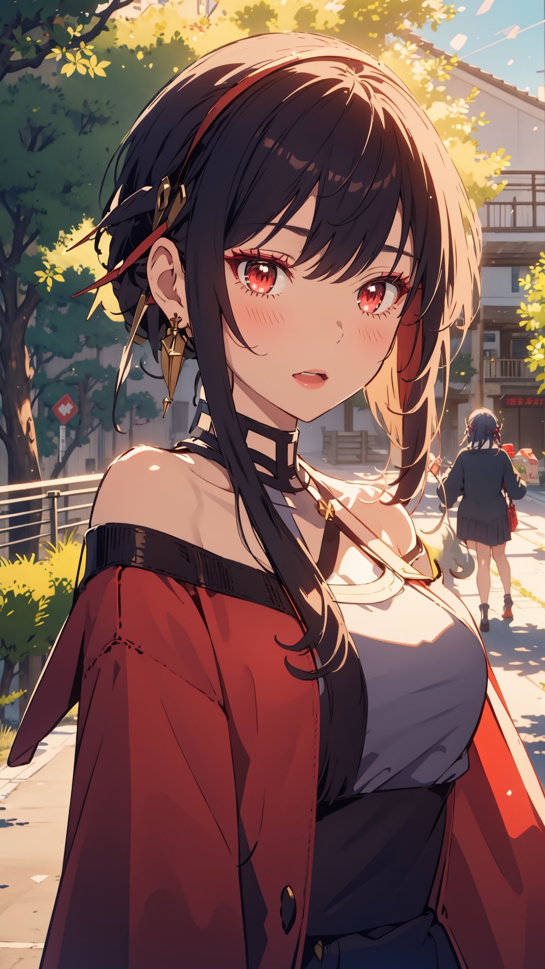 (masterpiece,  best quality), upper body,  light rays,  day,  looking at viewer,  1girl,  depth of field, YorForger, red eyes,  bangs,  (white hairband:1.3),  long hair,  earrings,  red dress,  red off-shoulder sweater,  sweater,  bare neck,  red skirt,  pencil skirt,  pantyhose,  bare shoulder,  long sleeves,  open mouth,  outdoors,  park,  trees, sweater dress, , , ,YorForger,yunjindef