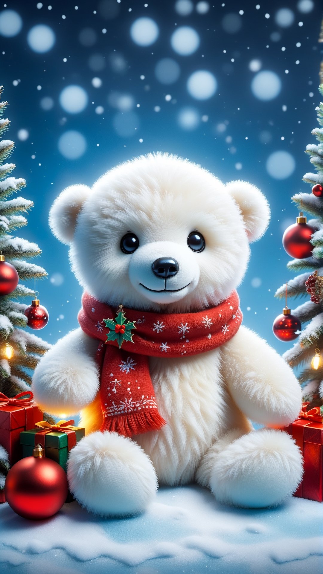 a white teddy bear sitting next to a christmas tree, an airbrush painting, by Dechko Uzunov, trending on reddit, 🎀 🧟 🍓 🧚, winter setting, avatar image, beautiful and cute, ( 3 1, cute and lovely, 2 0, winter, color picture, 3 1,ral-chrcrts,zhibi