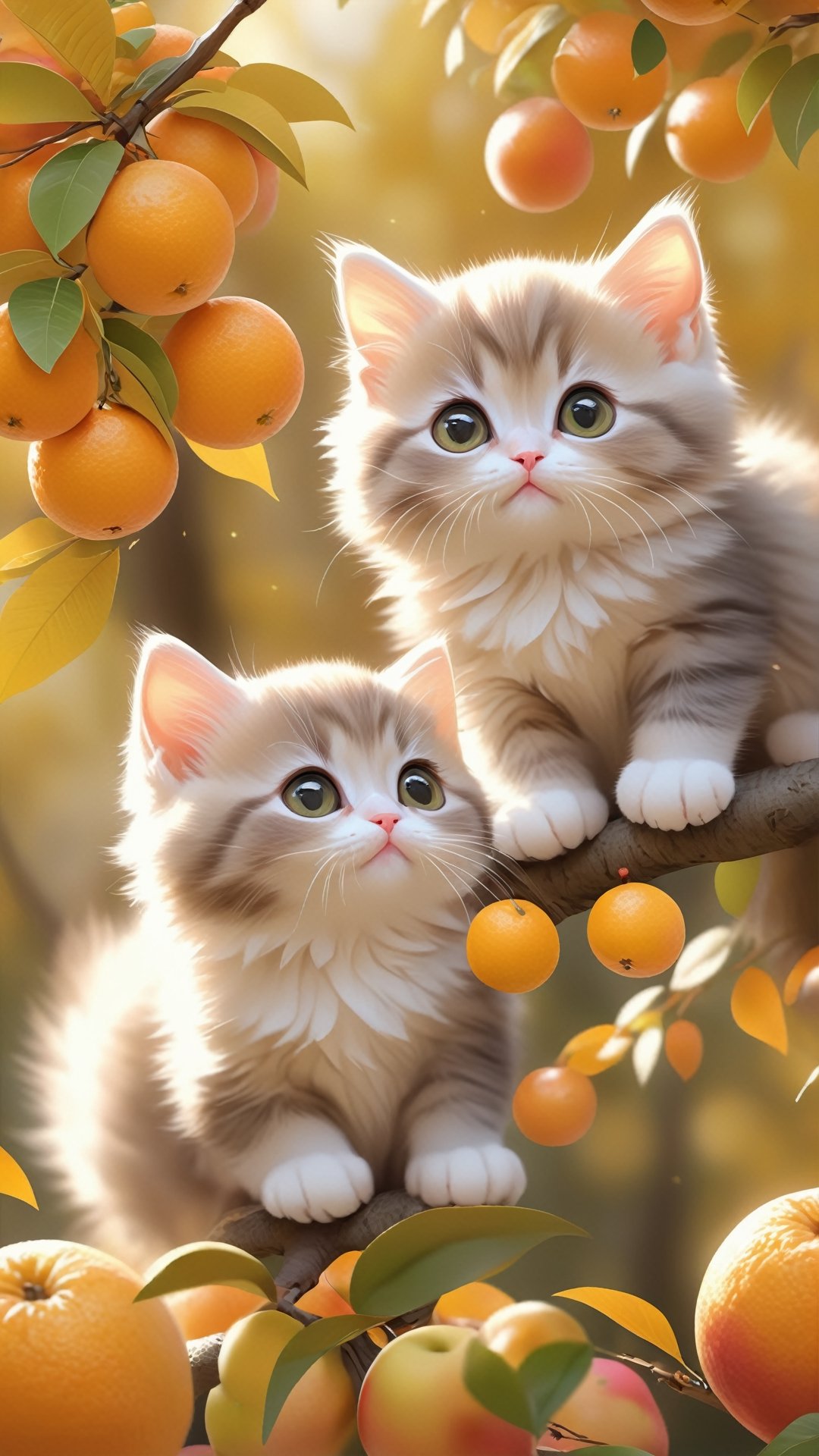 Side view shot, Turn around and look ahead, Two cute little fluffy fat kittens wearing pink coat sit down on the orange tree branch and Picking oranges from the treeand smiled happily, Autumn style, realistic high quality orange tree, oranges full the branch, maple leaves falling, big eyes so cute and beautiful, under the tree have a table, and apples and beautiful flowers, maple leaves falling, orange near flowers, Turn around and look viewers , pink flowers blooming fantastic amazing and romantic lighting bokeh, yellow flowers blooming realistic and green plants amazing tale and lighting as background, Xxmix_Catecat