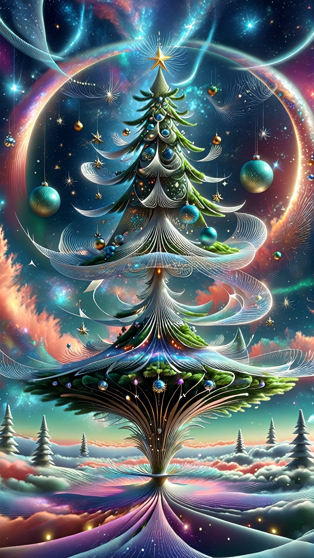 ((Fantasy illustration about Christmas Tree)), christmas, geometric patterns, levitating, flying, intricate, 3d, charming details. background of cosmic sky. Visually delightful.  ,DonMC0sm1cW3bXL,3D