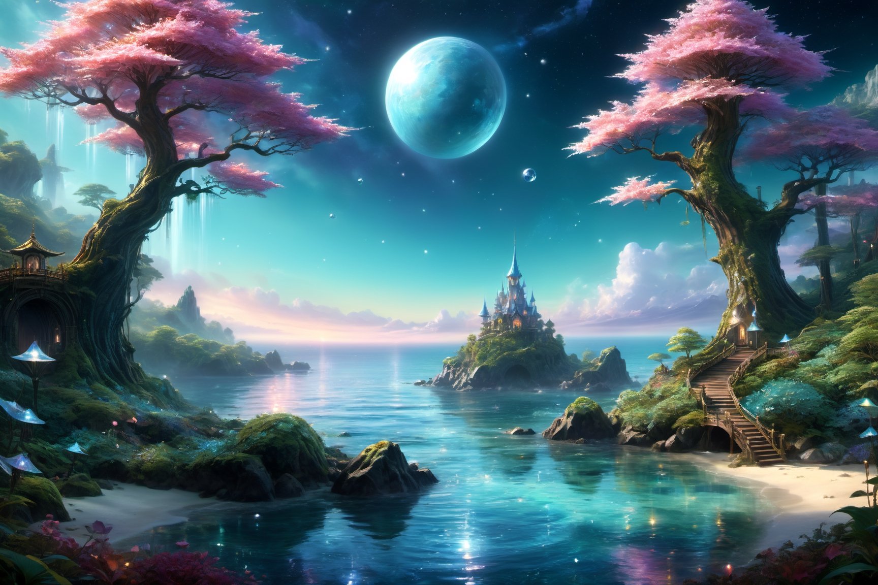 ocean,tropisl coast ,elven  fantasy art, cinema 4d, matte painting, polished, beautiful, colorful, intricate, eldritch, ethereal, vibrant, surrealism, surrealism, vray, nvdia ray tracing, cryengine, magical, 4k, 8k, masterpiece, crystal, romanticism -- Create a stunning landscape of an illuminated enchanted forest in the twilight. The painting should have a soft, ethereal lighting and vibrant pastel colors. The style should be realistic, resembling the works of Thomas Kinkade. Use oil on canvas as the medium, focusing on creating a high-definition scenic painting. in Brooding landscapes, epic scale, German myth, layered symbolic density,360 View,DonMCyb3rSp4c3XL,omatsuri