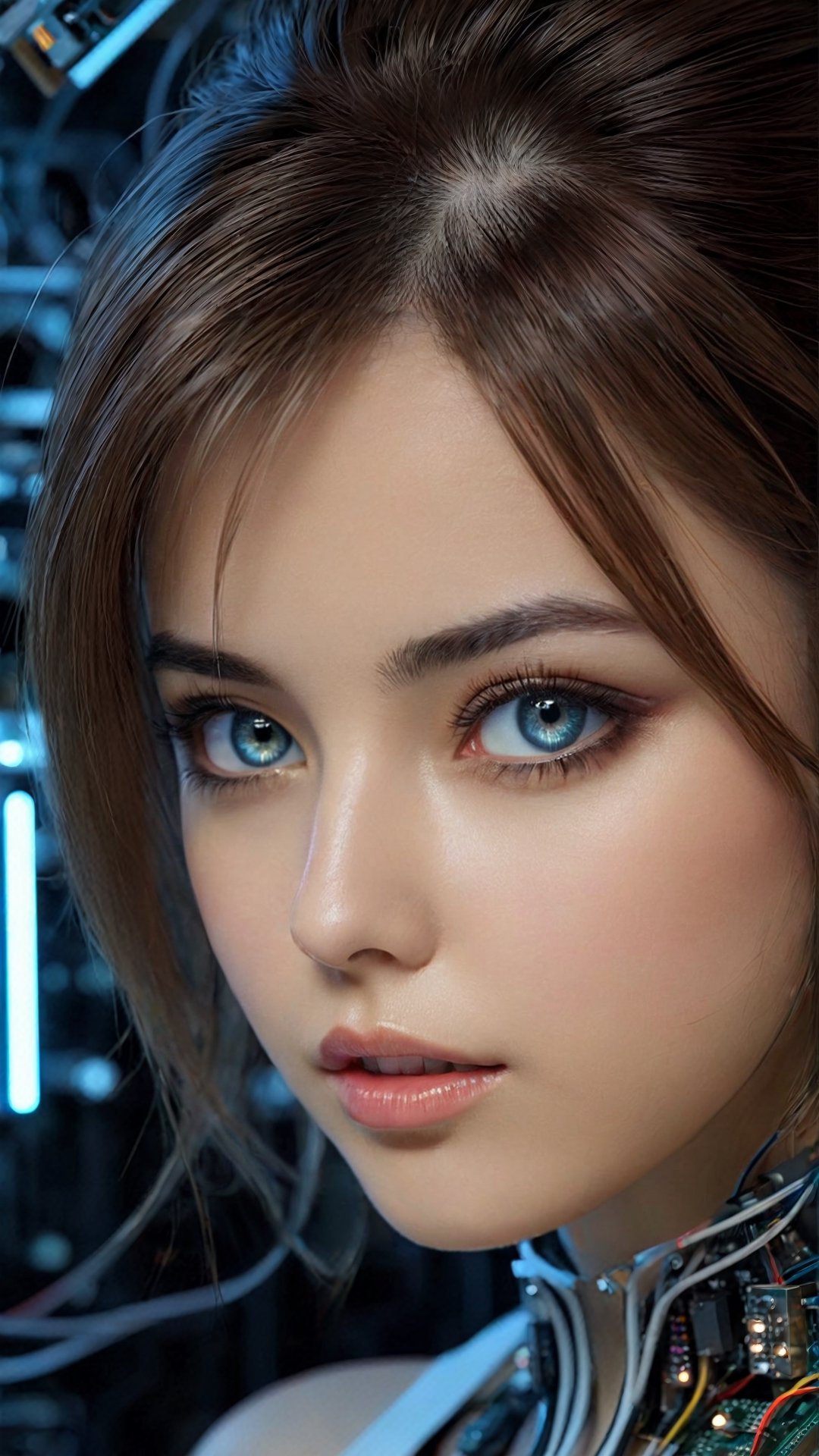 beautiful girl repairing a quantum computer, large ultra detailed technical parts, complex structures, ultra detailed shiny reflections, future style, detailed cinematic effects, ultra detailed reflections, ultra animated detailed digital art, beautiful realistic face, beautiful eyes, perfect focus, highest possible resolution, by Tokaito,sexy,aesthetic portrait,Eimi