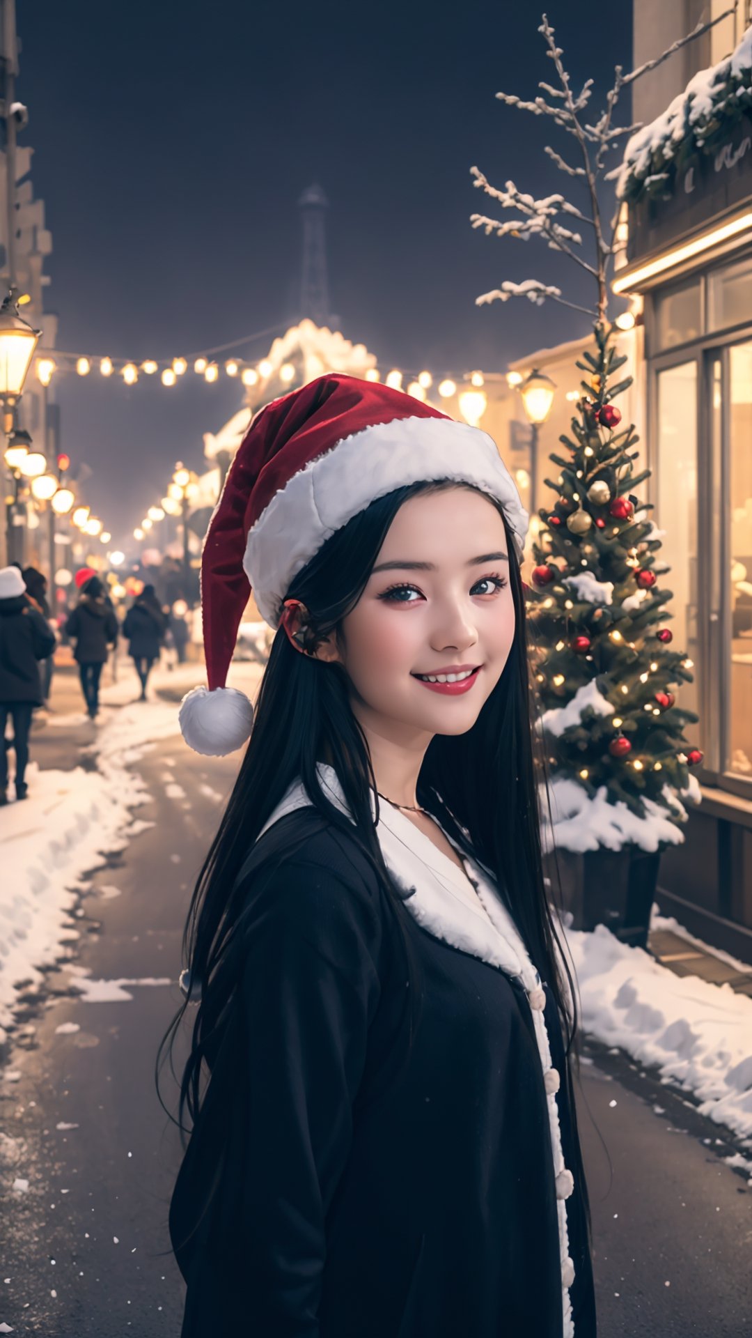 portrait, unreal engine, ultra realistic illustration,8K, octane render,vray,god rays | night, cinematic lighting, ambient lightning,wide cinematic shot,petals_in_wind,snow, empty street in paris, [eiffel tower : christmas tree : 25],on the street road,(1girl, cute,9yo, cute face, long black hair, santa hat, cute smile, standing in front of christmas tree, holding a gift,),looking_at_viewer,