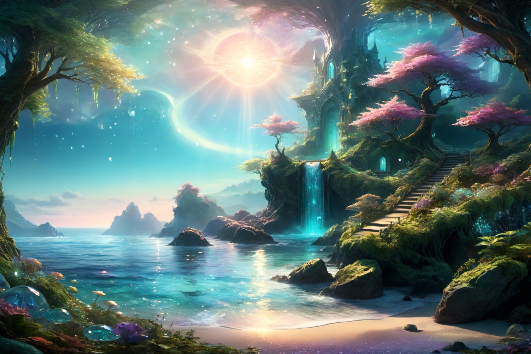 ocean,tropisl coast ,elven  fantasy art, cinema 4d, matte painting, polished, beautiful, colorful, intricate, eldritch, ethereal, vibrant, surrealism, surrealism, vray, nvdia ray tracing, cryengine, magical, 4k, 8k, masterpiece, crystal, romanticism -- Create a stunning landscape of an illuminated enchanted forest in the twilight. The painting should have a soft, ethereal lighting and vibrant pastel colors. The style should be realistic, resembling the works of Thomas Kinkade. Use oil on canvas as the medium, focusing on creating a high-definition scenic painting. in Brooding landscapes, epic scale, German myth, layered symbolic density,360 View