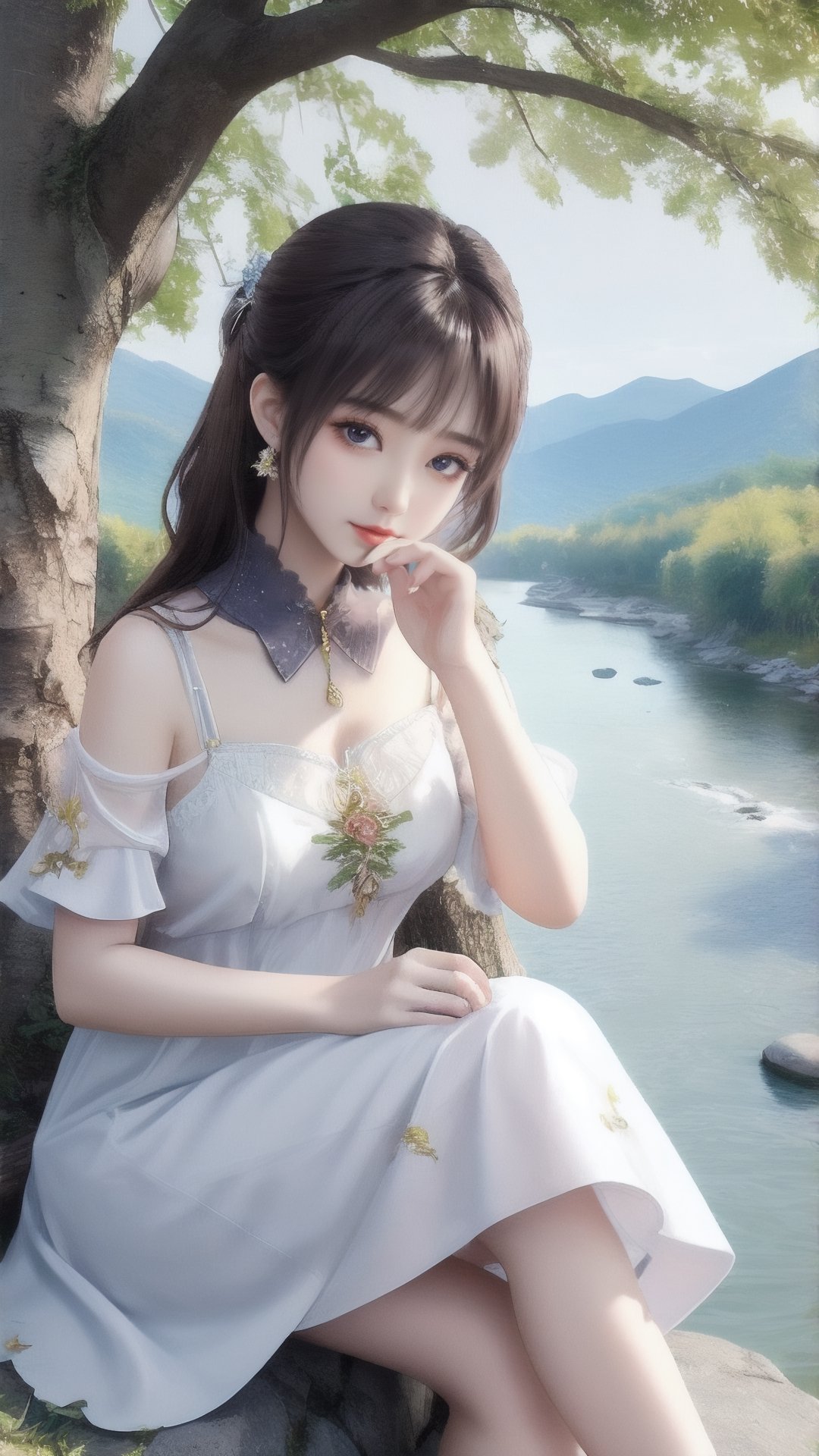 masterpiece, 1girl, beautiful, perfect fingers, cute, sitting nearby tree, river mountain view, sunshine, detailed hands