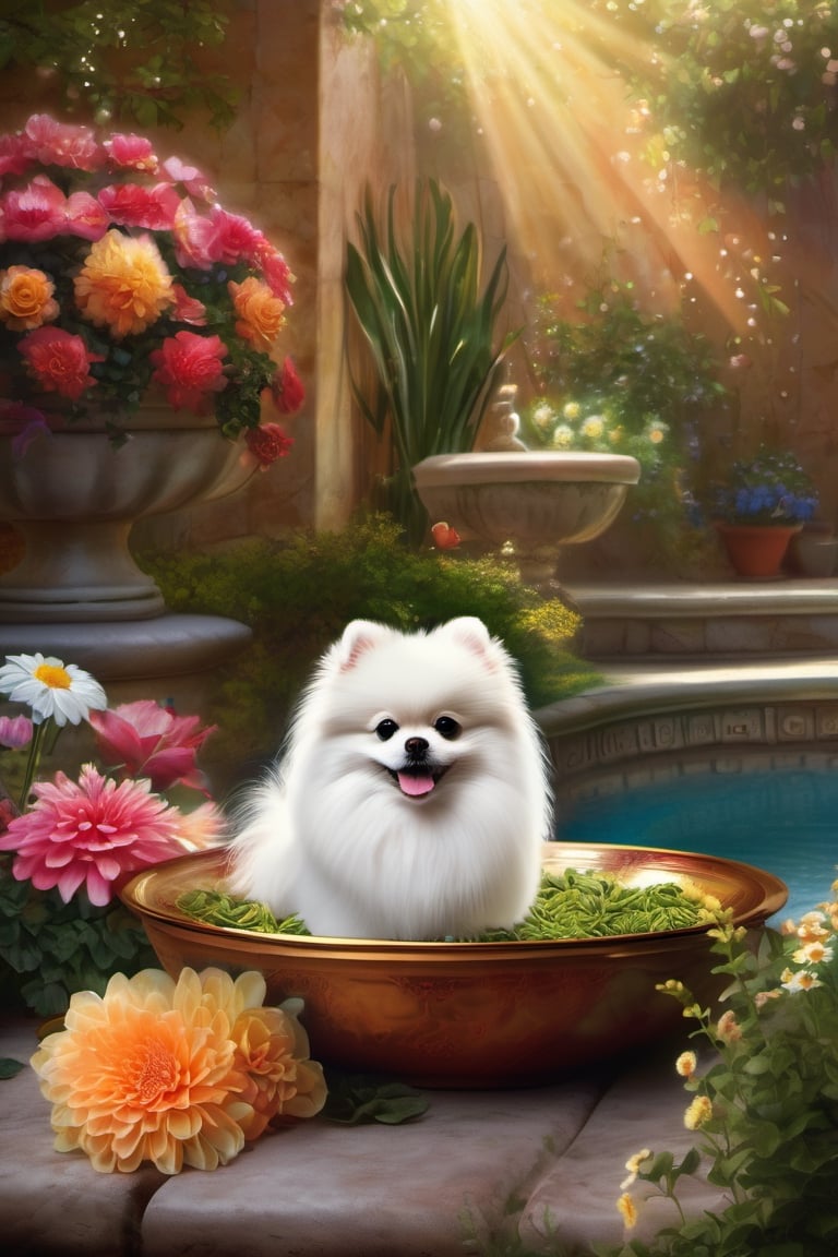 A White pomeranian in a soup bowl, in the garden with flowers and pool,


colorful,  ultra highly detailed,  32 k,  Fantastic Realism complex background,  dynamic lighting,  lights,  digital painting,  intricated pose,  highly detailed intricated,  stunning,  textures,  iridescent and luminescent scales,  breathtaking beauty,  pure perfection,  divine presence,  unforgettable,  impressive,  volumetric light,  auras,  rays,  vivid colors reflects,  sf,  greg rutkowski,