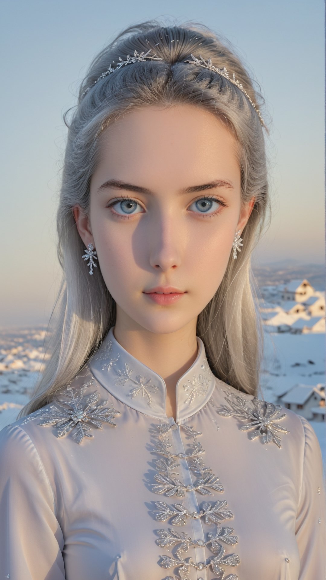   , exceptionally beautiful 16yo girl, perpendicular head angle, facing viewer,  skyblue eyes, skyblue iris , silver hair, masterful usage of front lighting, winter-themed, girl is wearing pale purple blouse with small-size snowflake pattern on blouse, (girl is wearing simplest snowflake shape accessories), amazing photography, amazing color, amazing saturation, UHD, 8K RAW PHOTO,detailmaster2 ,Snow Mountain