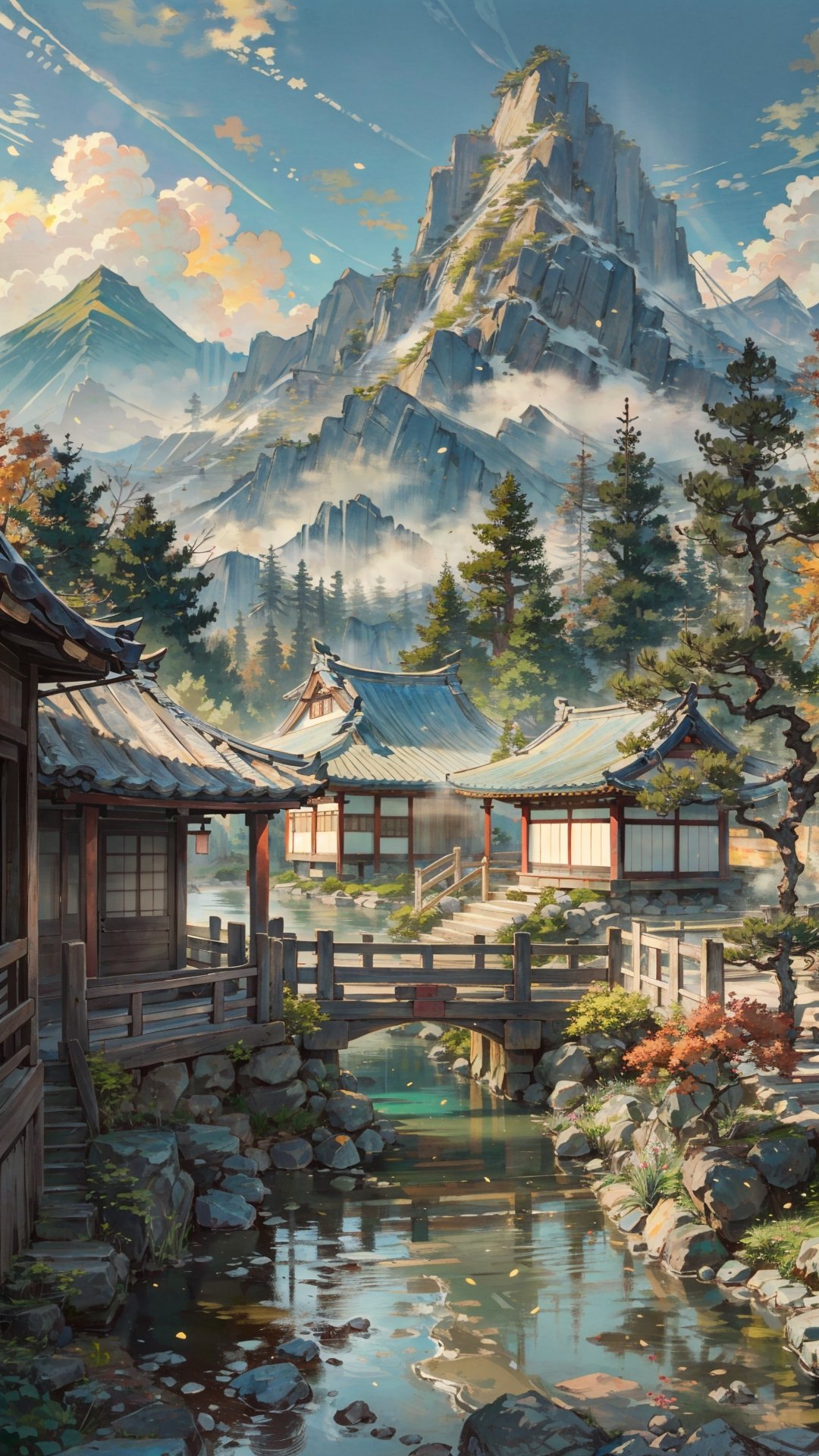 Masterpiece, best quality, ultra-detailed, (no humans: 1.5), distant mountains, ancient Chinese buildings, structurally intact wooden bridges, rivers, boulders, soft natural sunlight, mixed Chinese landscape style elements,japanese_garden_background,LODBG