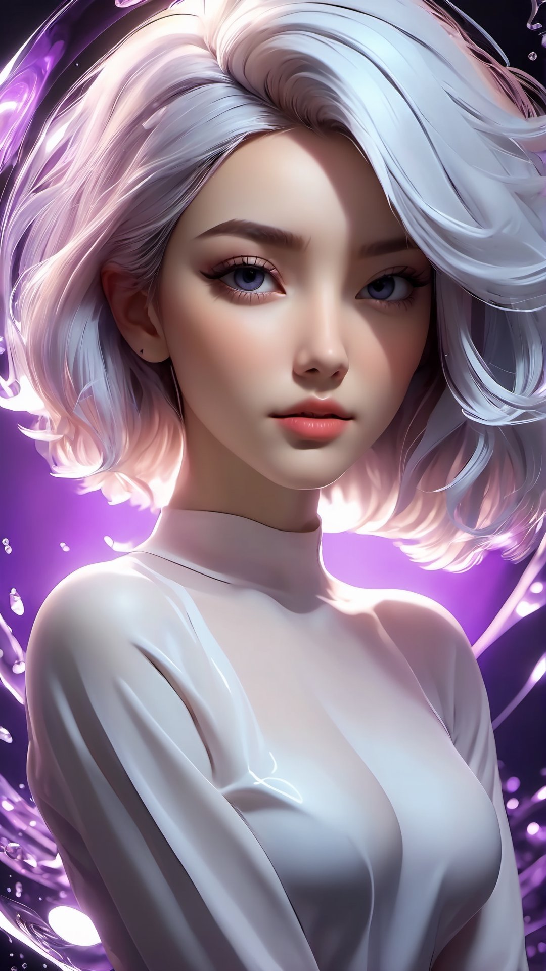 (masterpiece, best quality, ultra-detailed, best shadow), (detailed background,dark fantasy), (beautiful detailed face), high contrast, (best illumination, an extremely delicate and beautiful), ((cinematic light)), colorful, hyper detail, dramatic light, intricate details, (1girl, solo,white hair, sharp face,purple eyes, hair between eyes,dynamic angle), blood splatter, swirling black light around the character, depth of field,black light particles,(broken glass),magic circle,xxmix_girl,photo r3al,3D Render Style