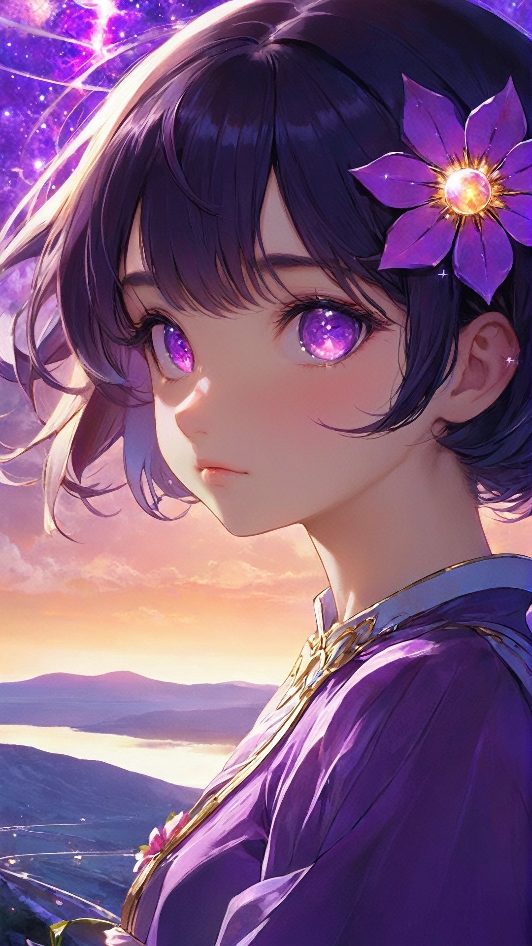 masterpiece, best quality, ultra-detailed, illustration, , , 1girl,solo, image body, flower, looking at viewer, , , purple eyes, jewel-like eyes, extremely detailed eyes, extremely detailed face,, , star (sky), constellation, purple energy, railing, meteor,nm1