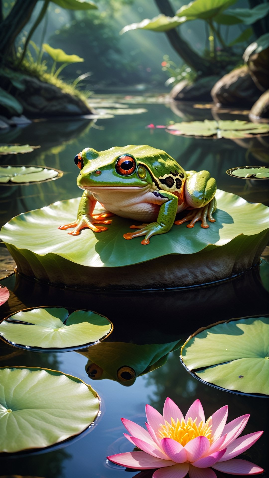 Picture a serene pond adorned with a beautiful lotus leaf, and perched upon it, a colorful biometrical glowing frog. Envision the vivid hues and radiant glow of this enchanting creature against the backdrop of the tranquil water. This prompt invites artists to create a captivating and visually stunning image, capturing the beauty of the biometrically enhanced frog in a picturesque pond setting. Let the composition radiate a sense of wonder, blending the natural world with biometric magic in a mesmerizing scene.