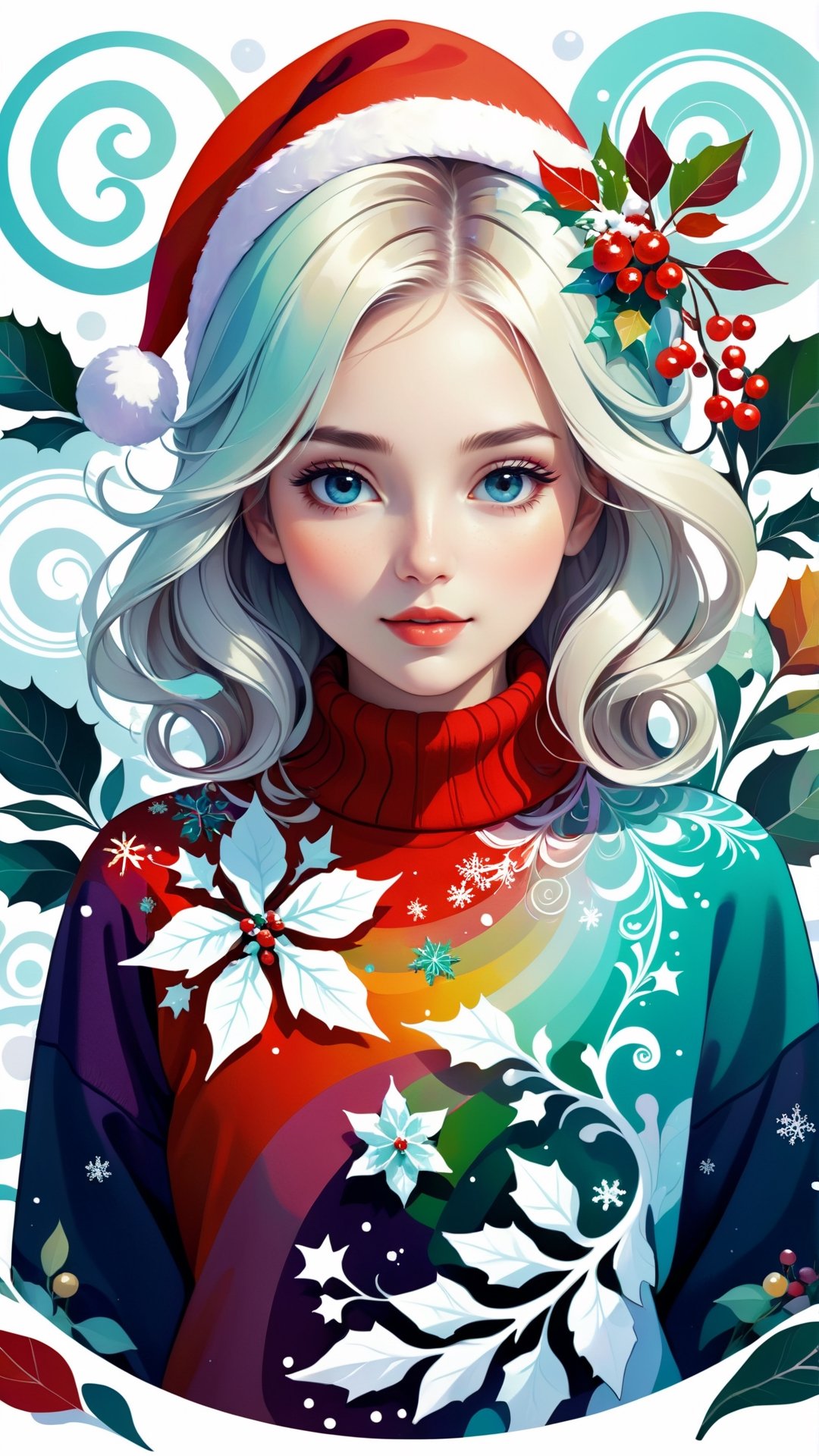 Grunge art gradient, abstract fantasy illustration featuring striking girl wearing a Christmas pullover, endearing Christmas character, immaculate facial features embraced by winter flowers, snowberries, superimposed on white background adorned with colorful arabesque, swirls, dainty and intricate details, double exposure technique creating mesmerizing composition imbued with mystery, intrigue, single spiral helix, fragmented, layered textures, ripple, shattered effects evoking illusion, disturbance, ephemerality, elusiveness,Realistic