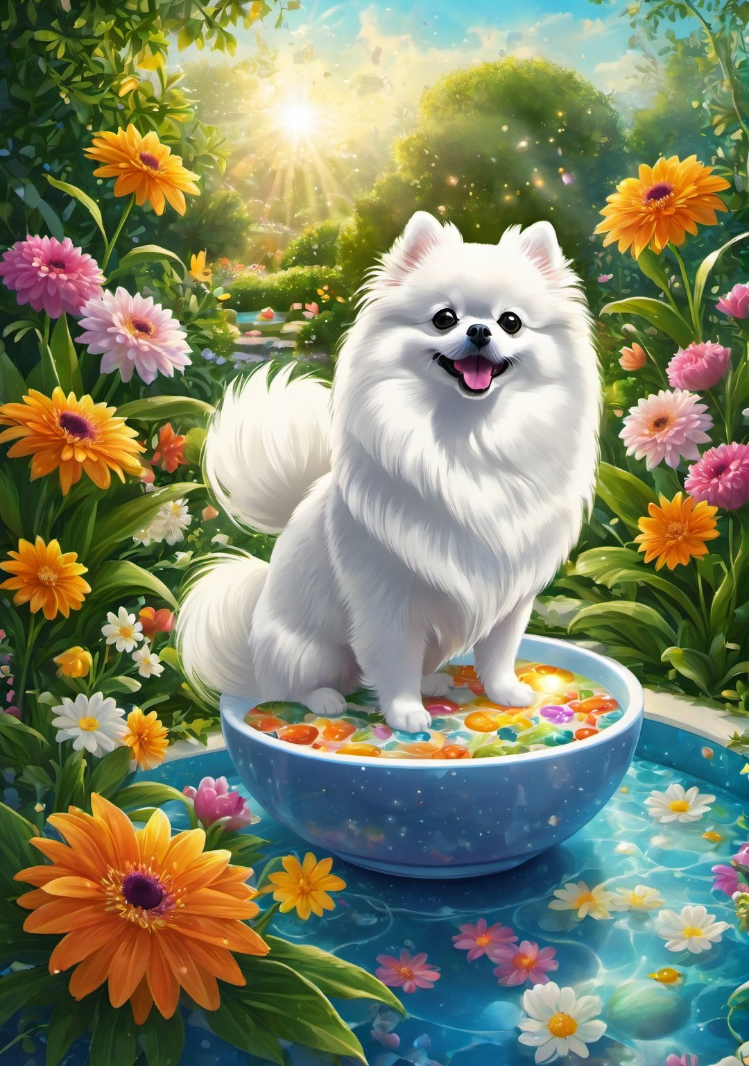 A White pomeranian in a soup bowl, in the garden with flowers and pool,


colorful,  ultra highly detailed,  32 k,  Fantastic Realism complex background,  dynamic lighting,  lights,  digital painting,  intricated pose,  highly detailed intricated,  stunning,  textures,  iridescent and luminescent scales,  breathtaking beauty,  pure perfection,  divine presence,  unforgettable,  impressive,  volumetric light,  auras,  rays,  vivid colors reflects,  sf,  greg rutkowski,