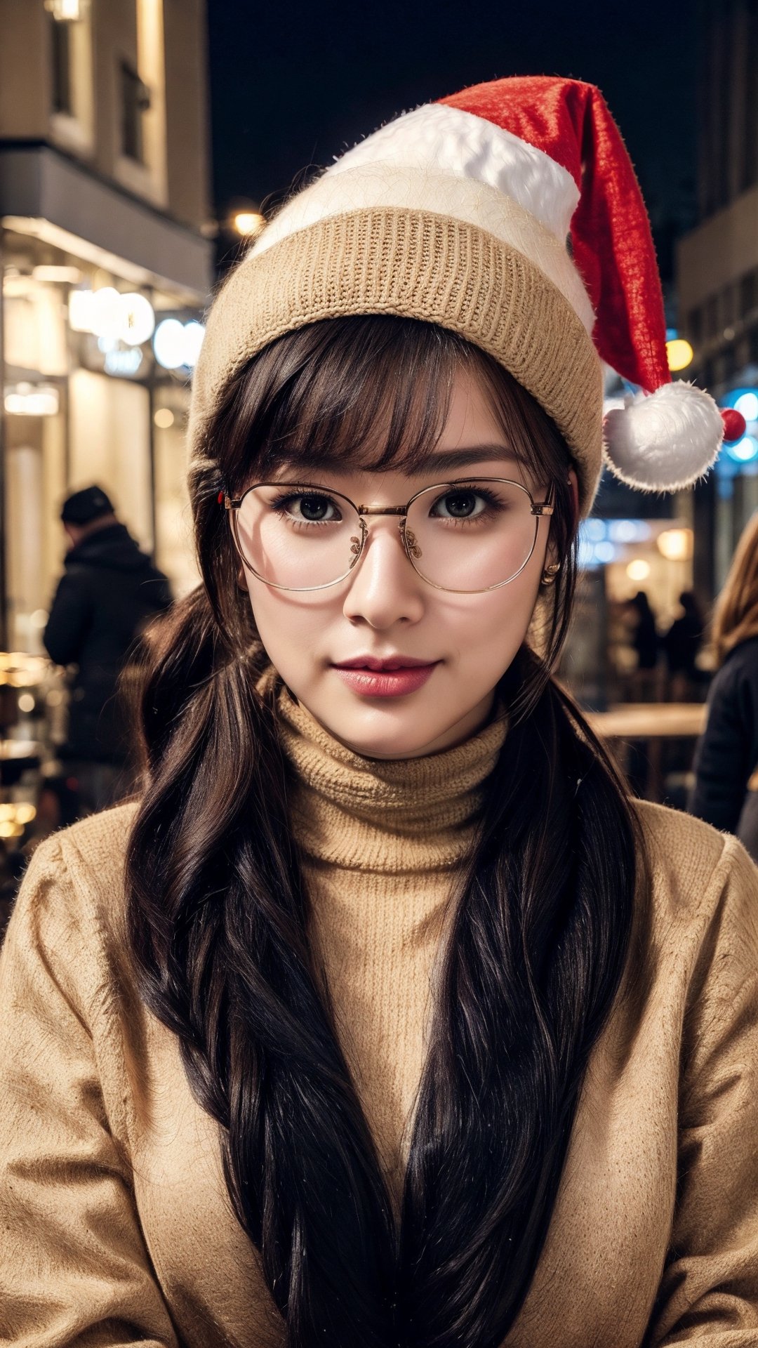 (Best quality, 8k, 32k, Masterpiece, UHD:1.2),Photo of early-twenty Pretty Japanese woman, 1girl, (shoulder length purple ponytail), natural face, double eyelids, glossy plump lips, natural medium breasts, wide hips, long-legged, tall stature, fair complexion, (thick black plastic frame glasses:1.3), (beige coat:1.3), woolen knitted dress, navy pumps heels boots, red scarf, (santa hats:1.3), (midnight, nighttime, dark theme, low key:1.2), dim lit, trees on calm street side, street and shops filled with vivid colors christmas lights, heavy snow, christmas cozy snowy street, sitting on outdoor cafe, crossed-legs, sharp focus, seductive face, sexy eyes, enchanting smile, gaze at camera, from front below, calves focus, ray tracing, overall perspective-based rendering, detailed eyes and facial, detailed real skin texture, detailed hair and fabric rendering, detailed details