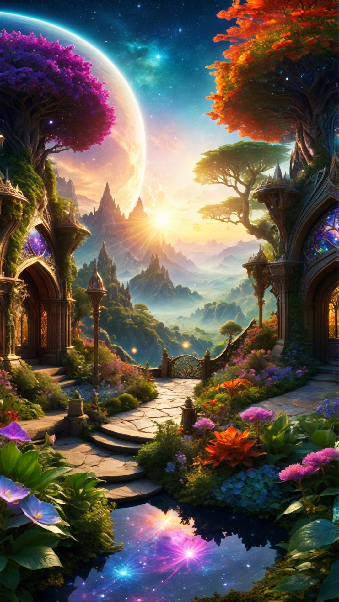  beautiful celestial elven garden at sunrise, dantasy world ,  cosmic, sublime, surreal, vibrant colors, ultra realistic, hyper detailed :1, Desktop background, cinematic light, dynamic composition, elegant, epic, intricate, highly detail, professional still, designed, clear, cute, magic, spiritual, sharp focus, winning, open, new, unique, attractive, creative, amazing, wonderful,DonMC3l3st14l3xpl0r3rsXL,360 View