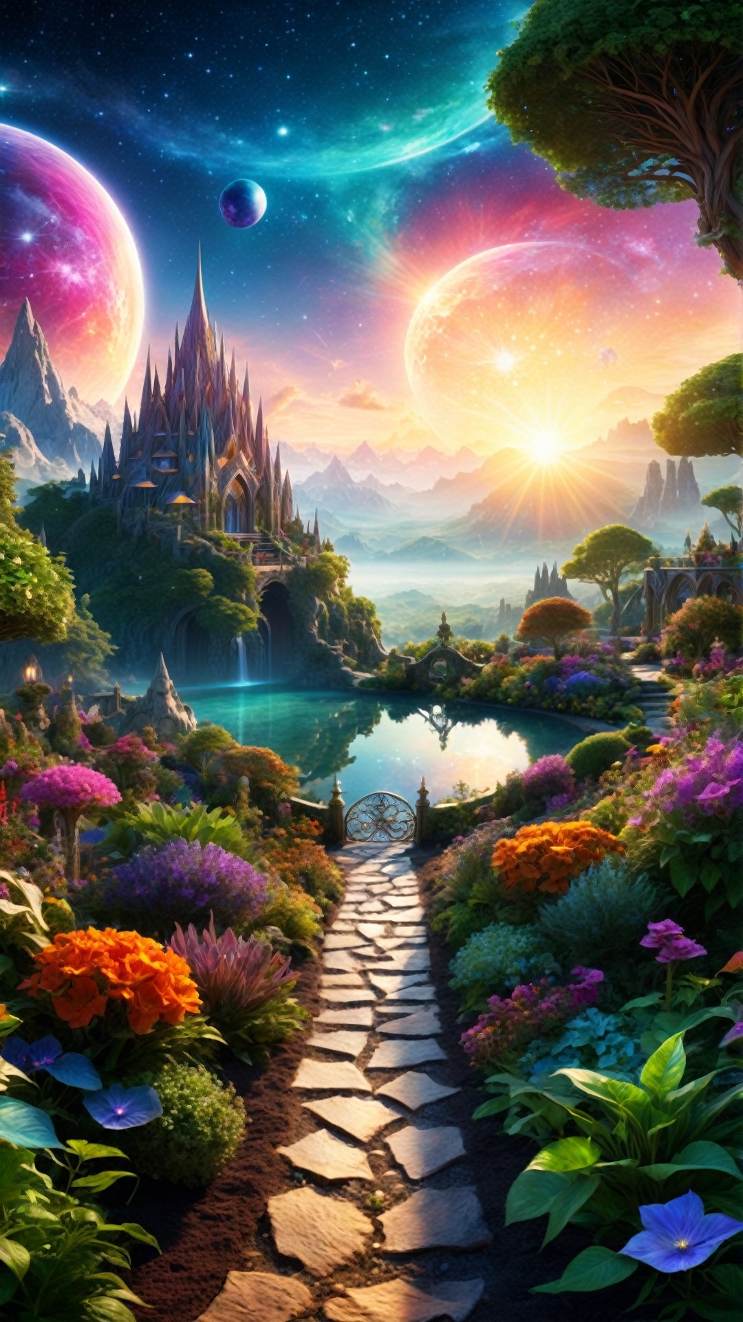  beautiful celestial elven garden at sunrise, dantasy world ,  cosmic, sublime, surreal, vibrant colors, ultra realistic, hyper detailed :1, Desktop background, cinematic light, dynamic composition, elegant, epic, intricate, highly detail, professional still, designed, clear, cute, magic, spiritual, sharp focus, winning, open, new, unique, attractive, creative, amazing, wonderful,DonMC3l3st14l3xpl0r3rsXL,360 View